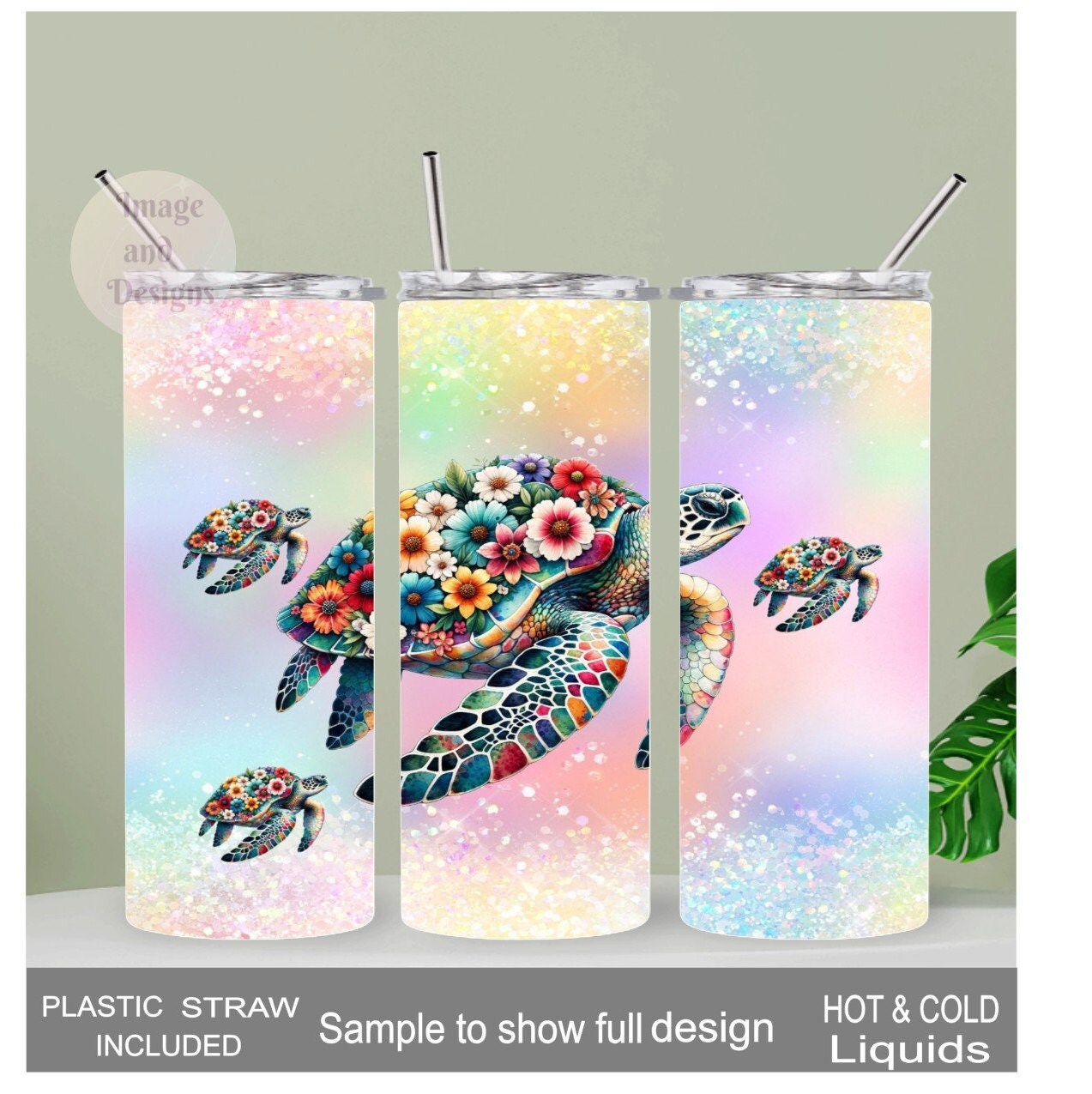 Floral Sea Turtle Tumbler 20oz Tumber With Reusable Straw, Can Be Personalized