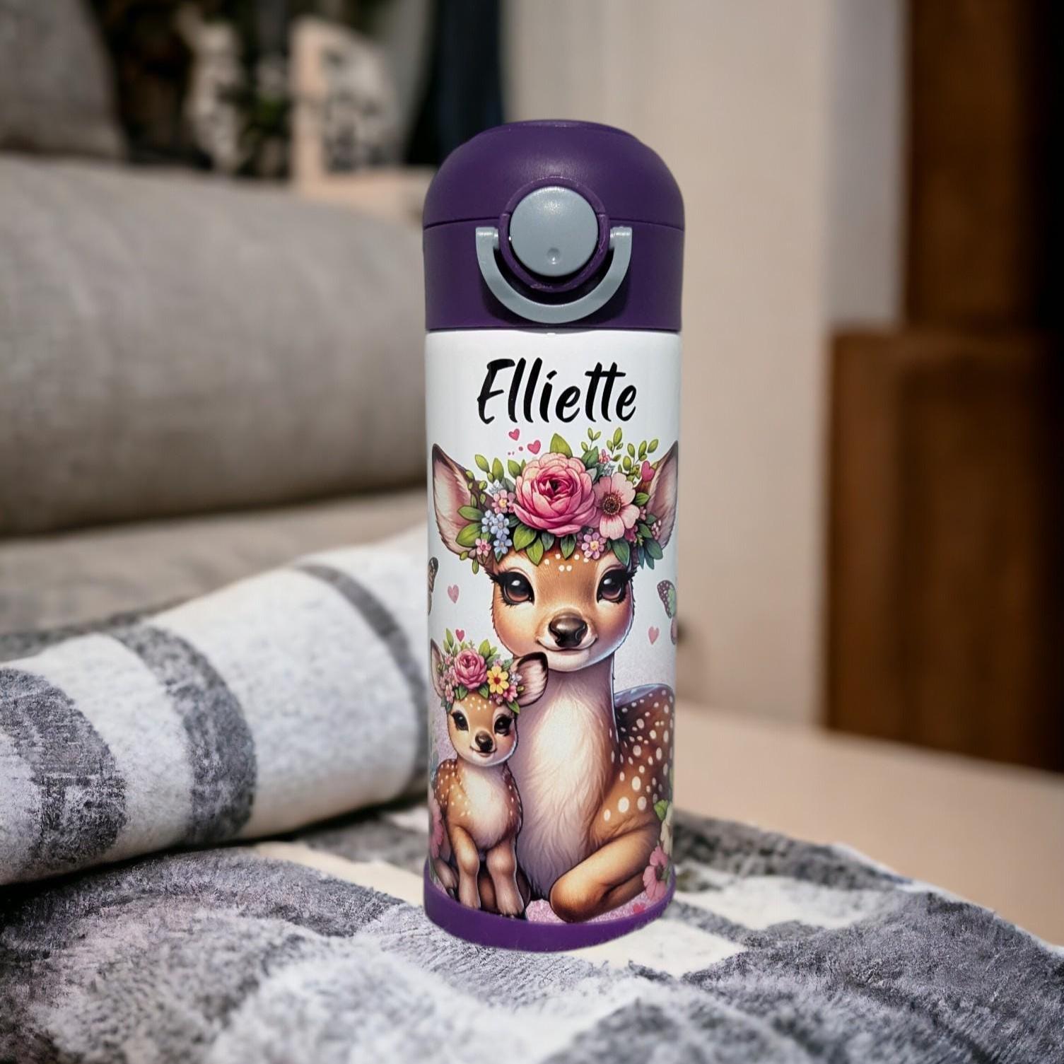 Kids Deer Water Bottle With A Glitter Design 12oz With Reusable Straw, Can Be Personalized