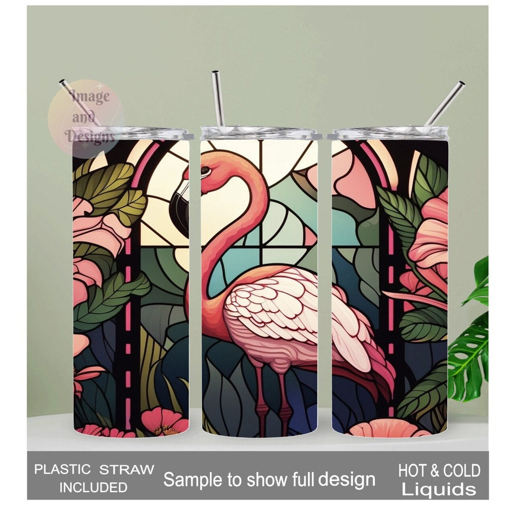 Flamingo Tumbler With A Stained Glass Design 20oz With Reusable Straw, Can Be Personalized