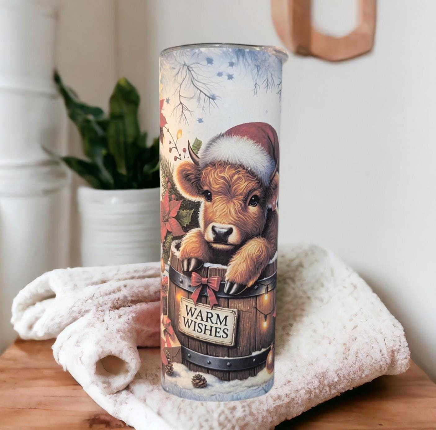 Christmas Highland Cow Tumbler 20oz With Reusable Straw, Can Be Personalized