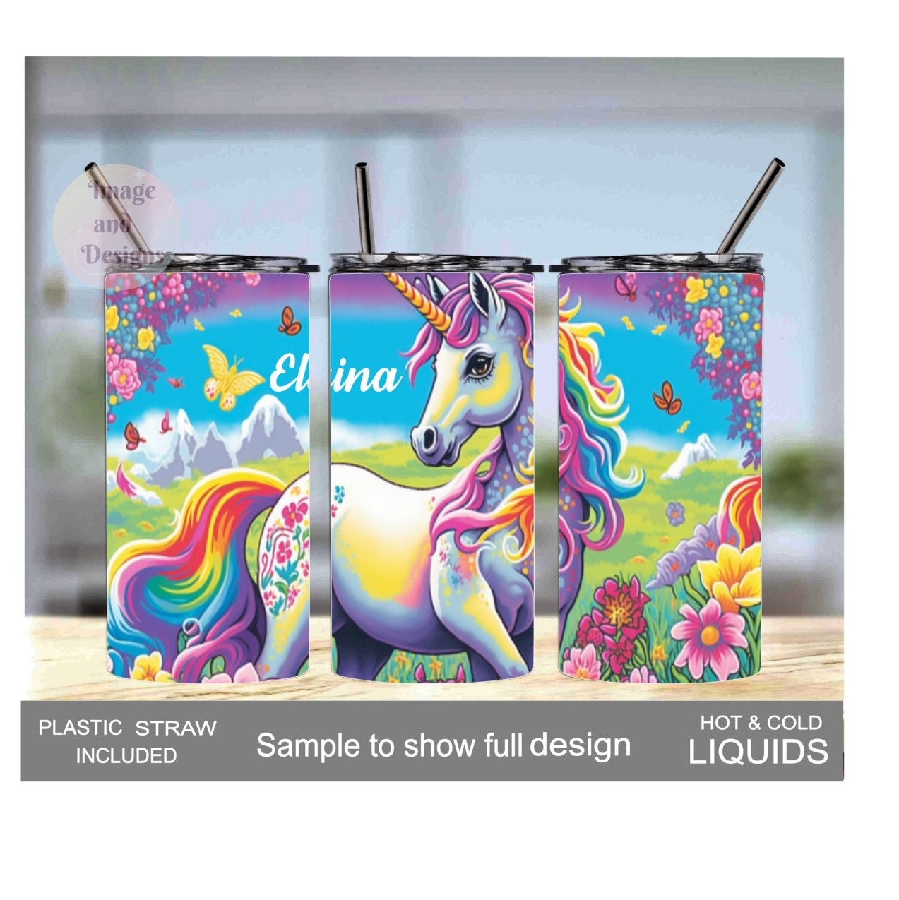 Kids Pretty Unicorn Tumbler 15oz With Reusable Straw, Can Be Personalized