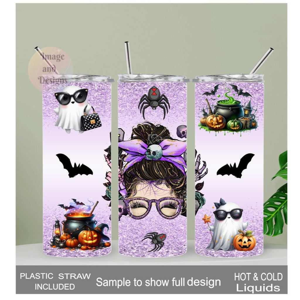 Halloween Messy Bun Girl Tumbler 20oz With Reusable Straw, Can Be Personalized