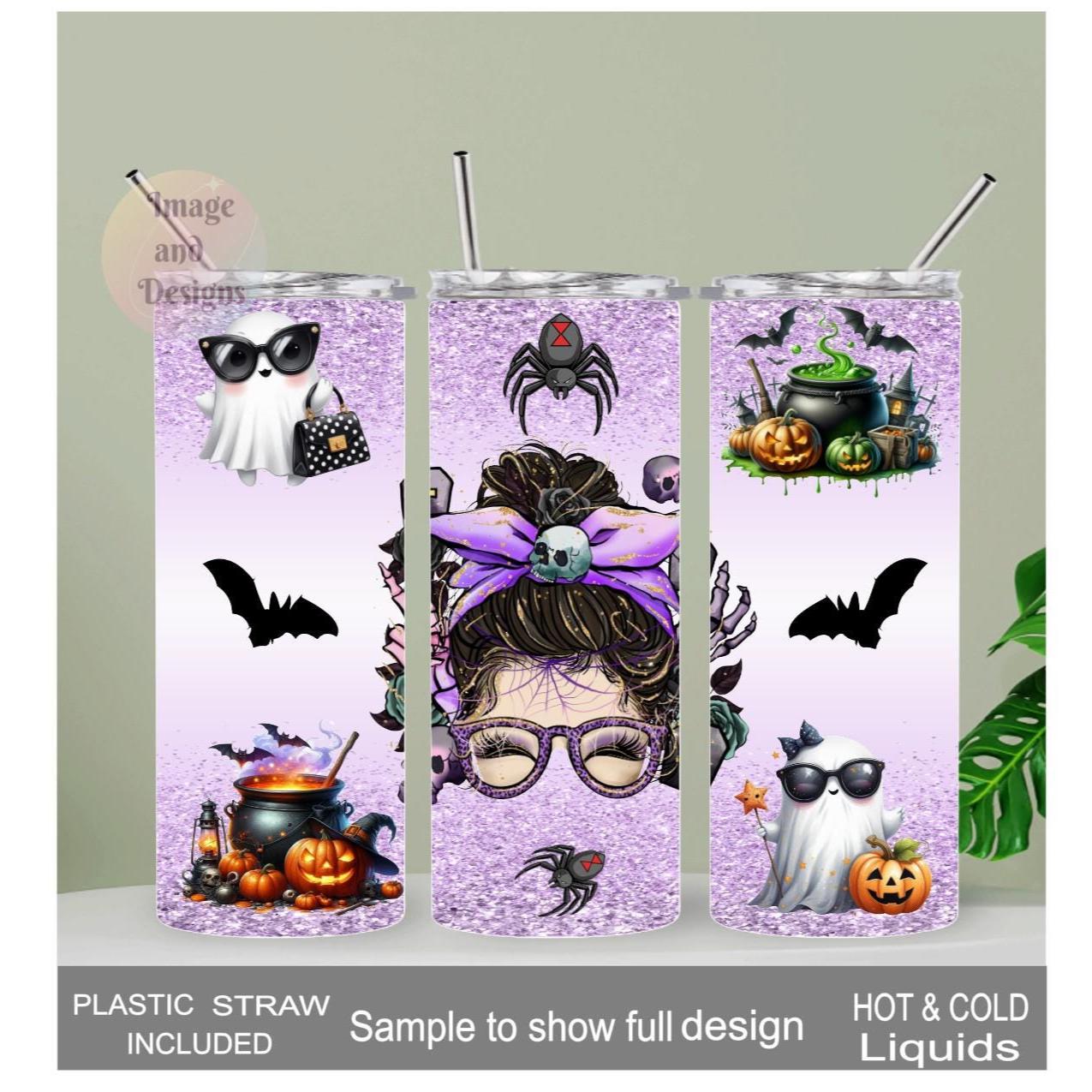 Halloween Messy Bun Girl Tumbler 20oz With Reusable Straw, Can Be Personalized