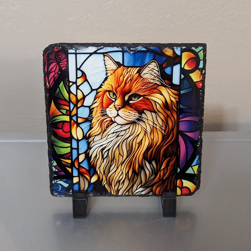 Slate Cat Picture With A Stained Glass Design Includes Display Legs