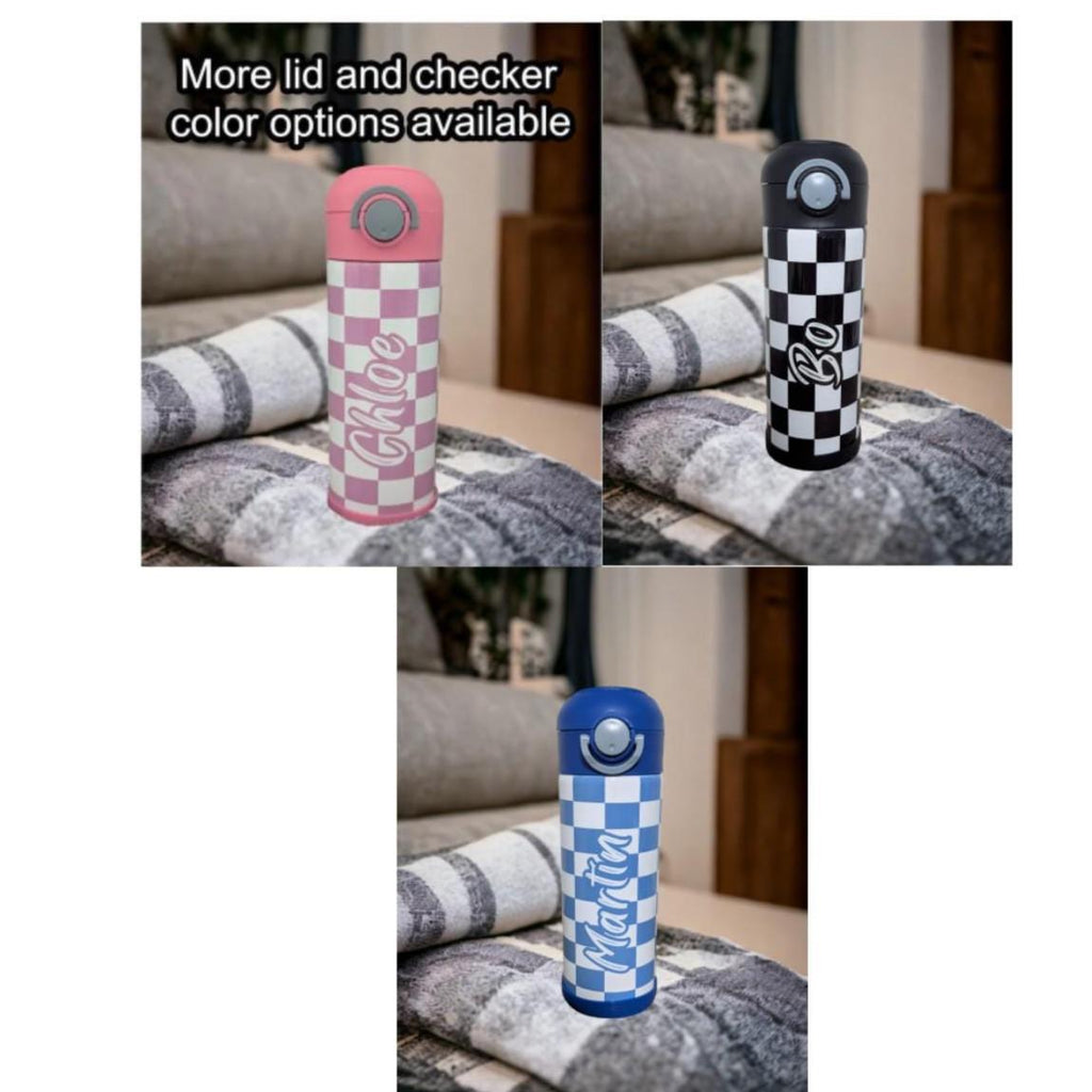 Kids Checkered Water Bottle 12oz With Reusable Straw Can Be Personalized