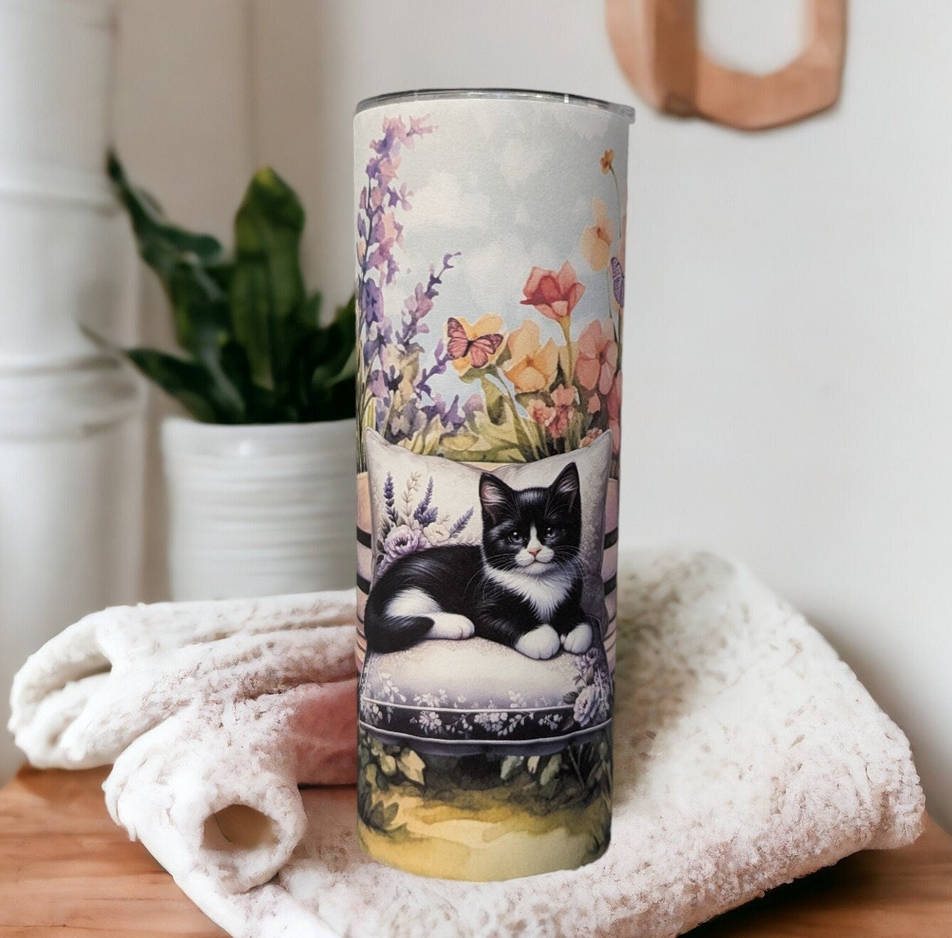 Cat Tumbler With A Cute Kitten Resting on A Bench 20oz With Reusable Straw, Can Be Personalized