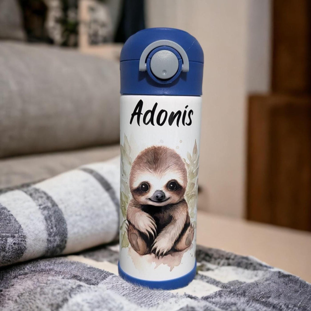 Cute Kids Sloth Water Bottle 12oz With Reusable Straw Can Be Personalized
