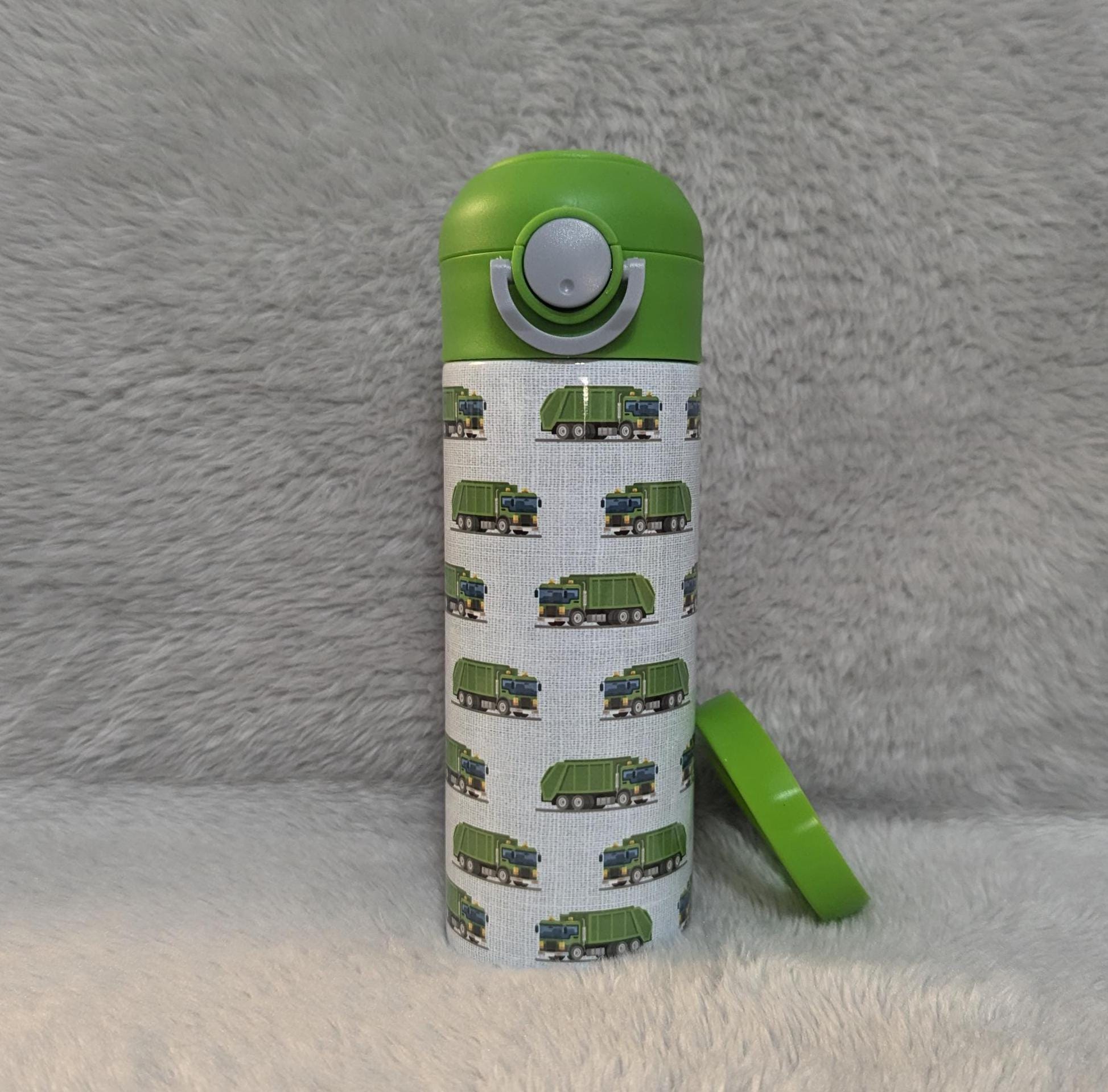 Kids Garbage Truck Water Bottle 12oz With Reusable Straw, Can Be Personalized