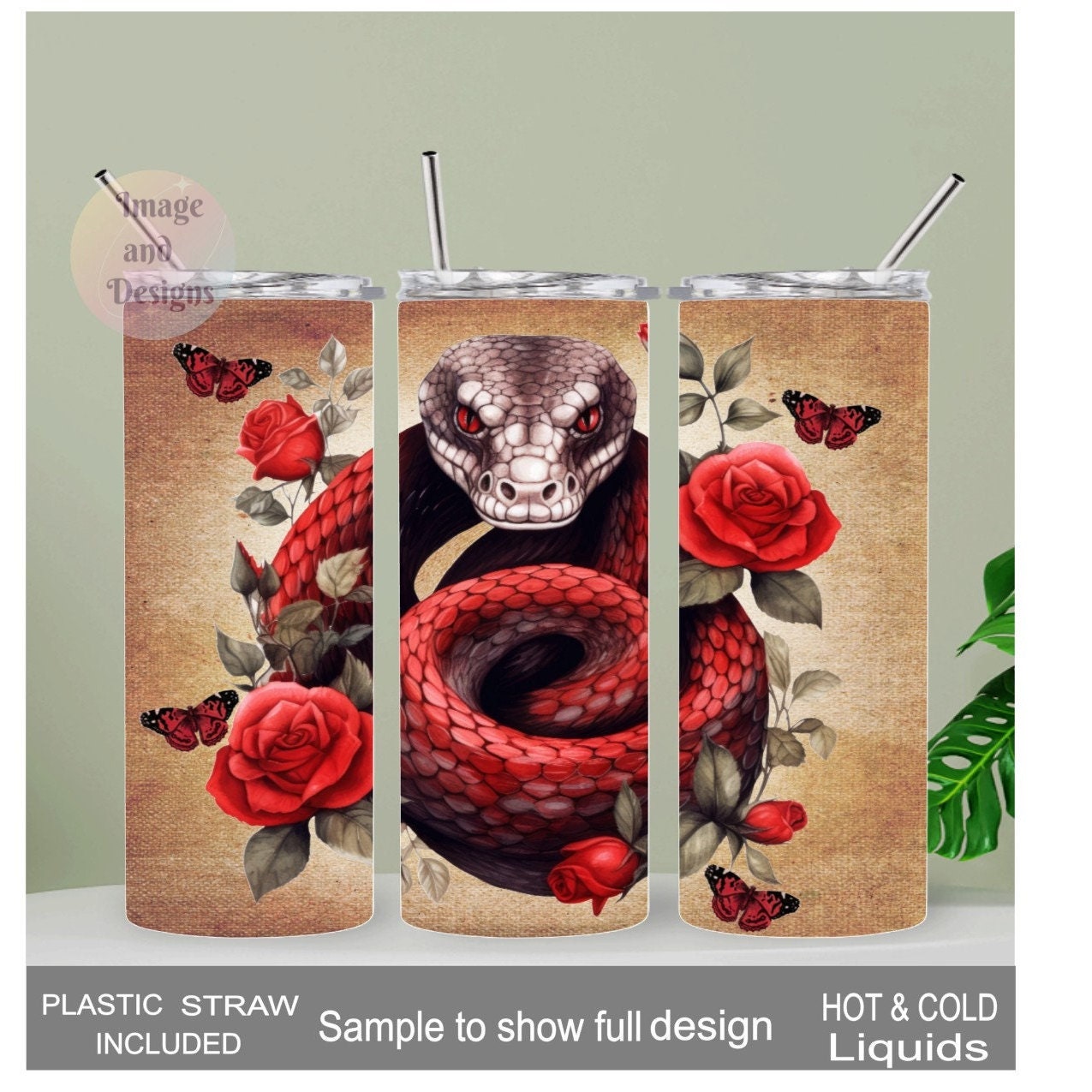 Snake Tumbler With Roses and Butterflies 20oz With Reusable Straw, Can Be Personalized