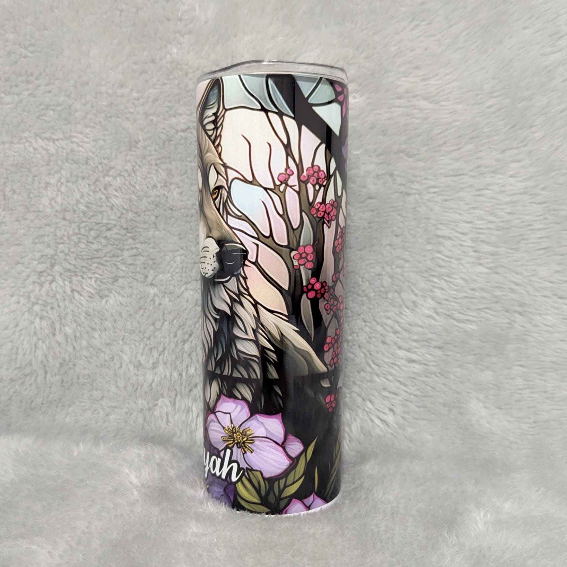 Wolf Tumbler With Flowers and A Stained Glass Design 20oz With Reusable Straw, Can Be Personalized