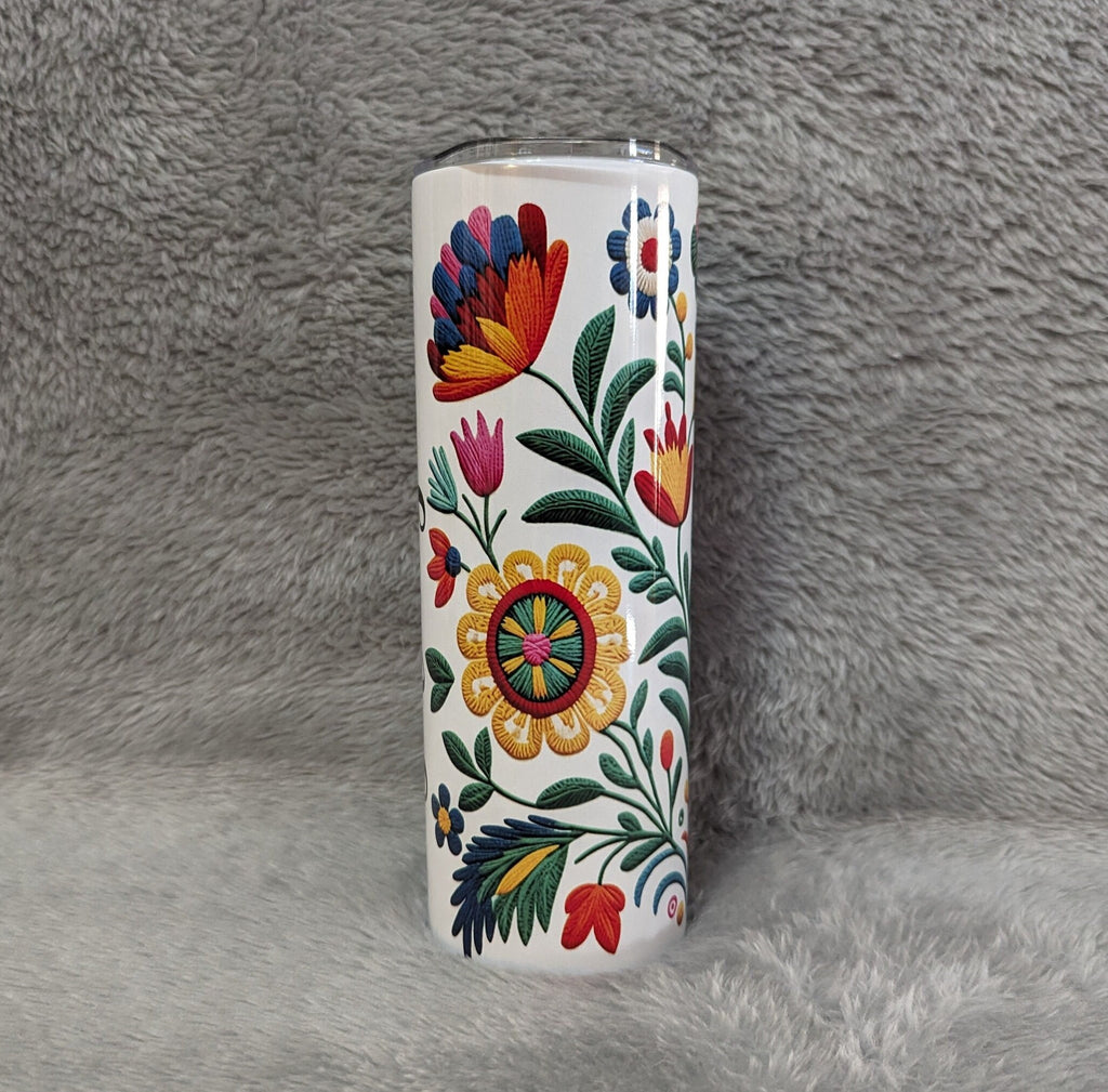Personalized Flowers Stitch Design Tumbler 20oz Includes Reusable Straw