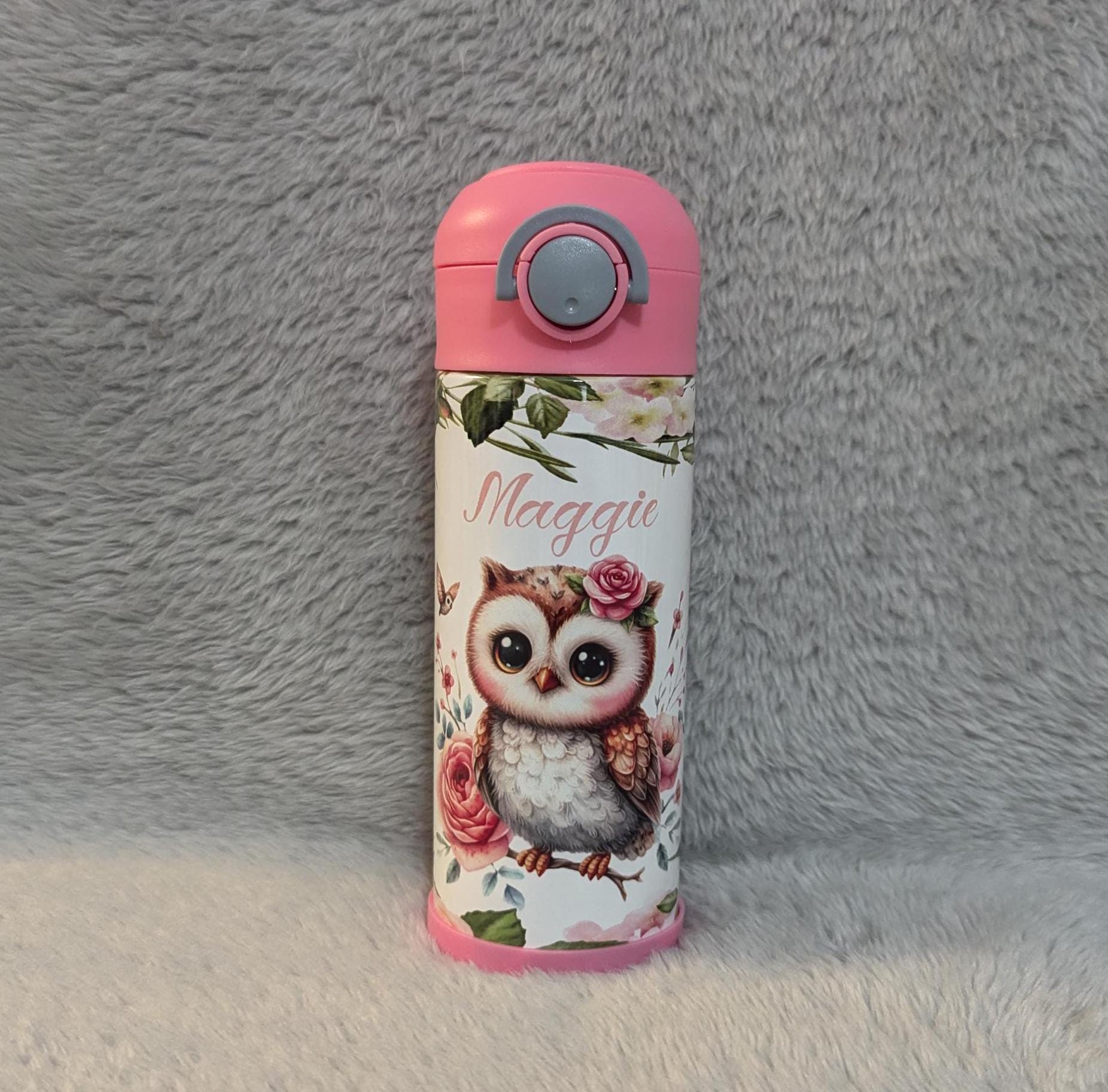 Adorable Kids Owl Water Bottle 12oz With Reusable Straw Can Be Personalized