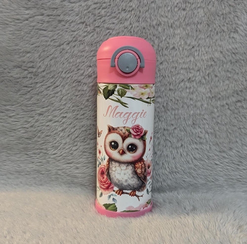 Adorable Kids Owl Water Bottle 12oz With Reusable Straw Can Be Personalized
