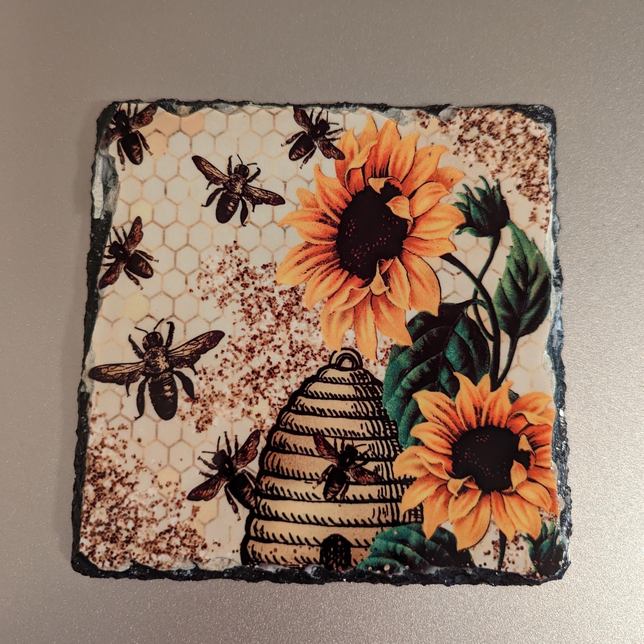 Sunflower and Bees Slate Picture With Display Legs