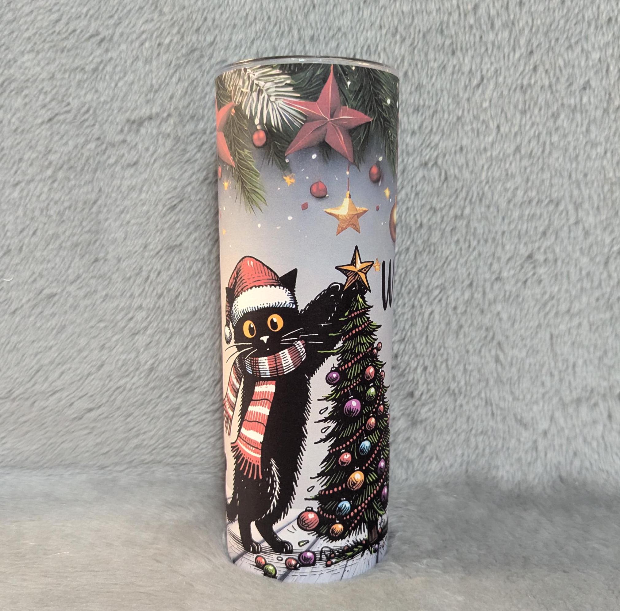 Funny Christmas Cat Tumbler 20oz With Reusable Straw, Can Be Personalized