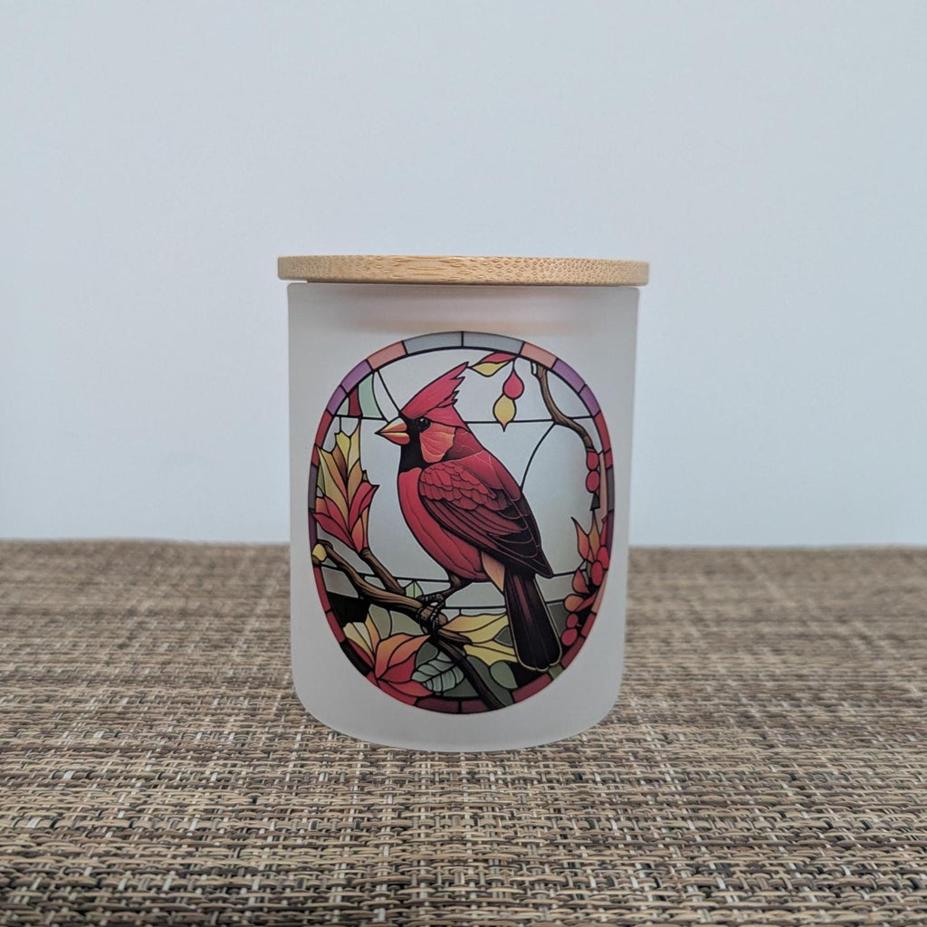 Stained Glass Red Cardinal Candle Holder With A Battery Operated Flickering Tea Light