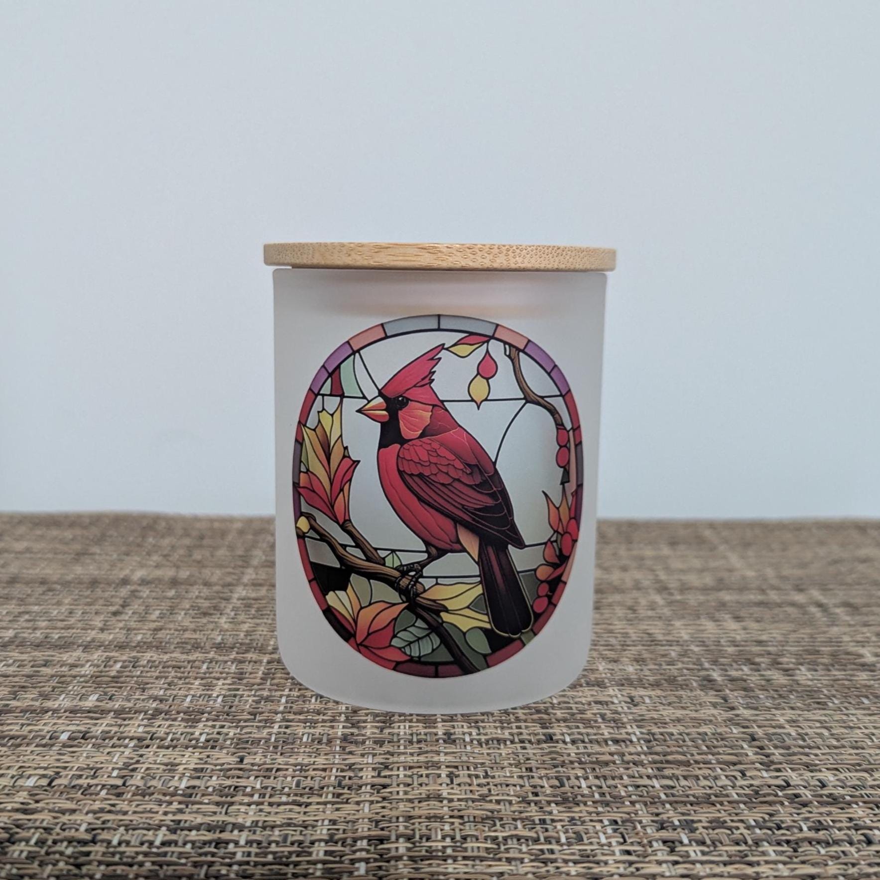 Stained Glass Red Cardinal Candle Holder With A Battery Operated Flickering Tea Light