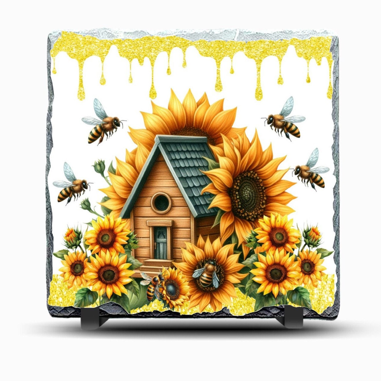 Bee With Sunflowers Slate Picture Includes Display Legs