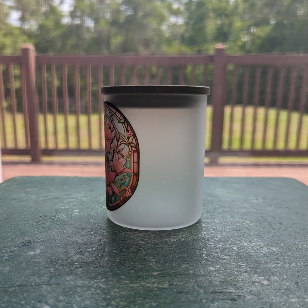 Stained Glass Design Pink Lily Flowers Candle Holder With A Battery Operated Flickering Tea Light