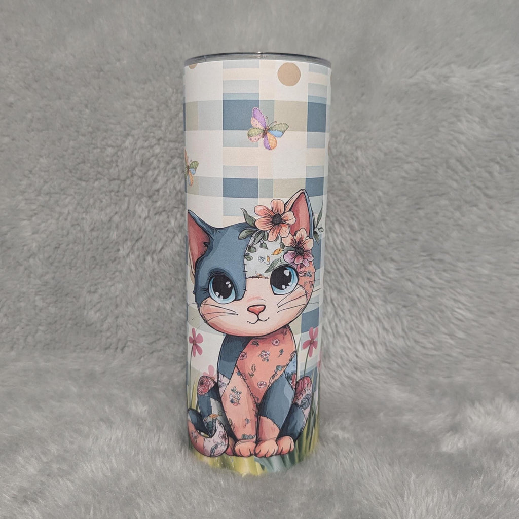 Patchwork Design Cat Tumbler 20oz With Reusable Straw, Can Be Personalized