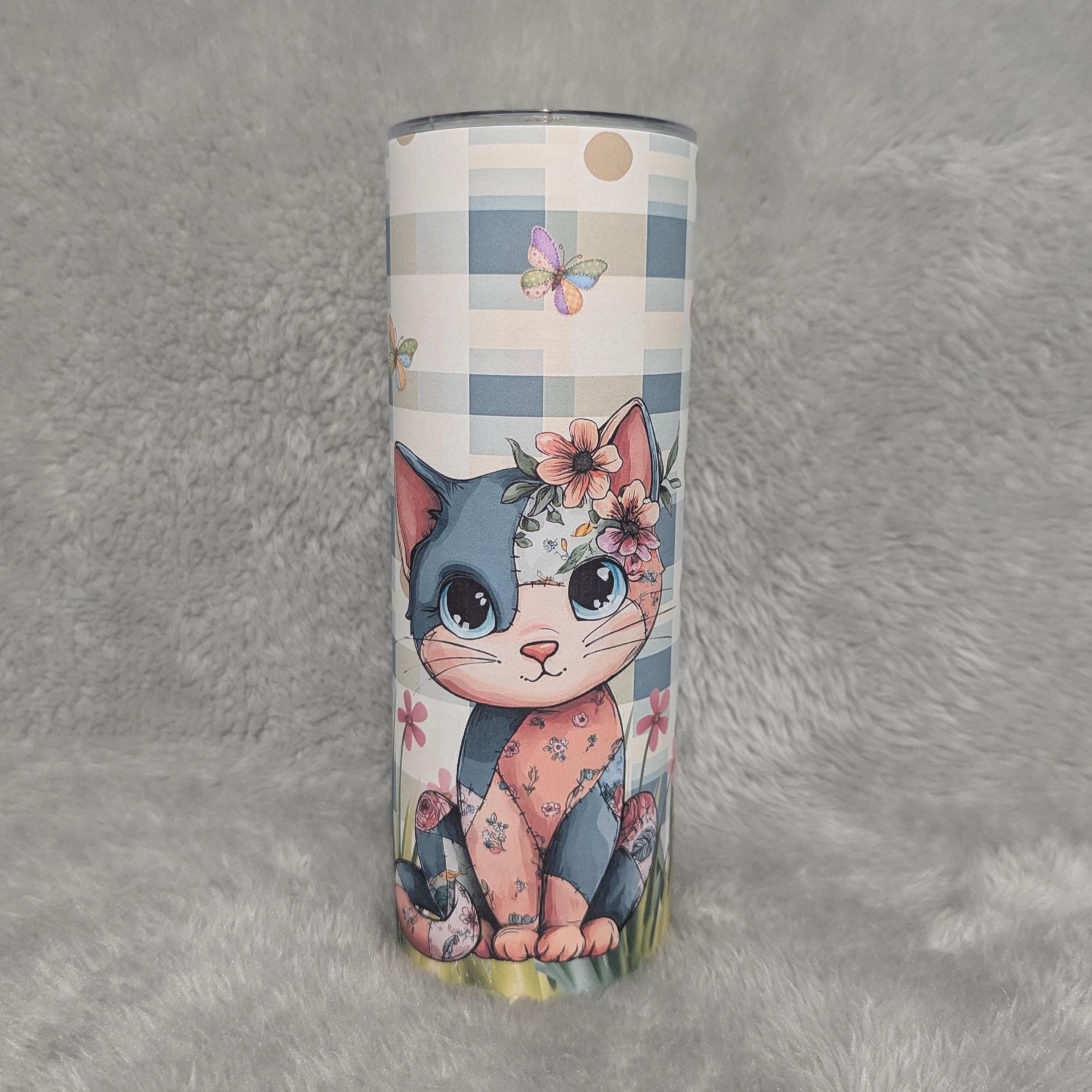 Patchwork Design Cat Tumbler 20oz With Reusable Straw, Can Be Personalized