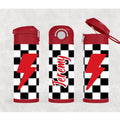 Kids Checkered Lightning Bolt Design Water Bottle 20oz With Reusable Straw Can Be Personalized