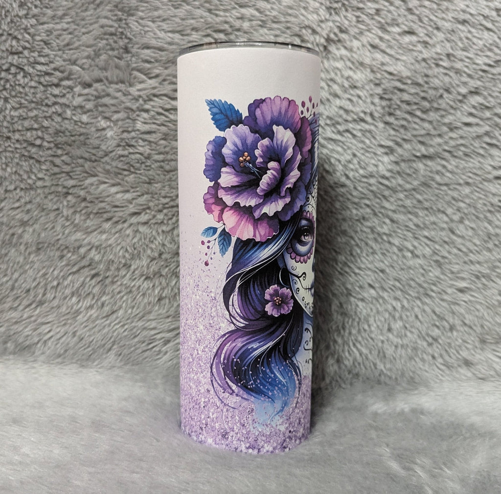 La Catrina Girl Tumbler With A Purple Glitter Design 20oz With Reusable Straw, Can Be Personalized