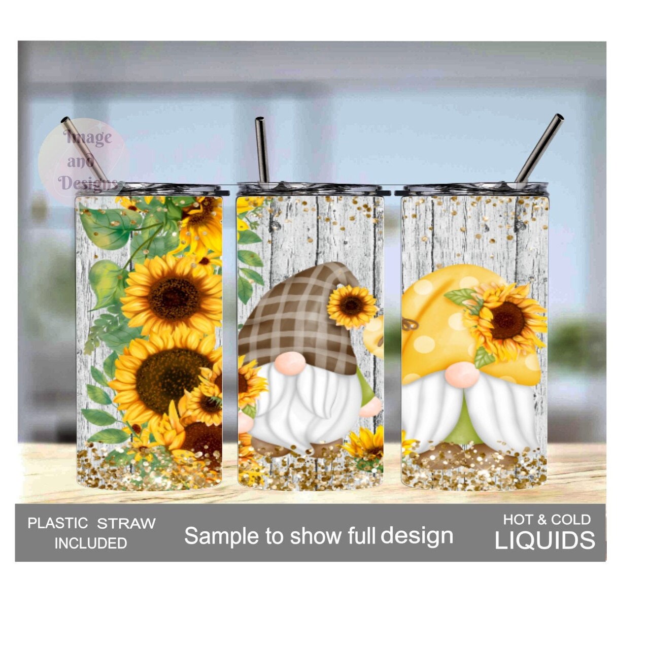 Cute Gnome With Sunflowers Tumbler 20oz With Reusable Straw, Can Be Personalized