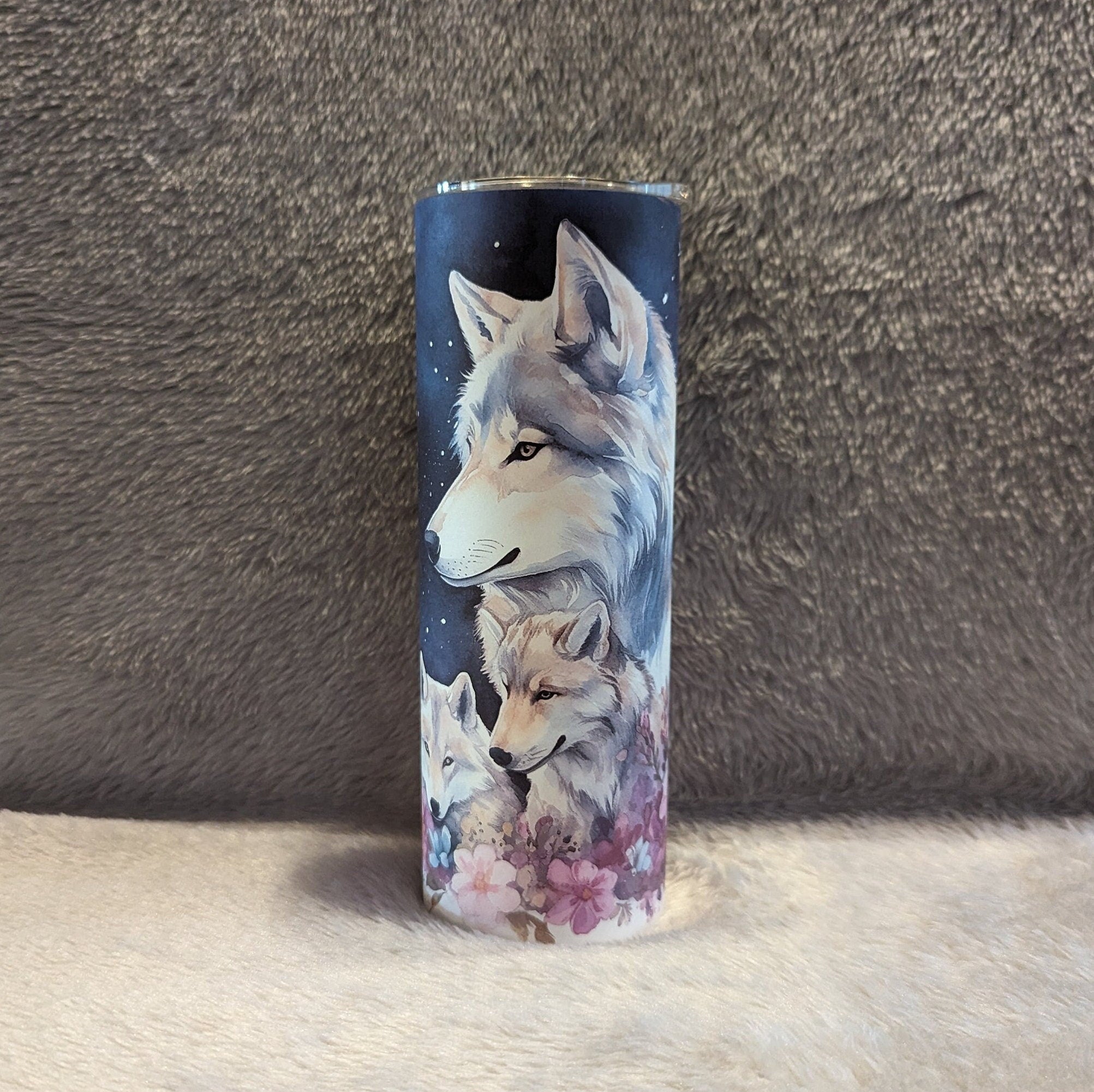 Beautiful Wolf Tumbler With A Wolf and Her Pups 20oz With Reusable Straw, Can Be Personalized