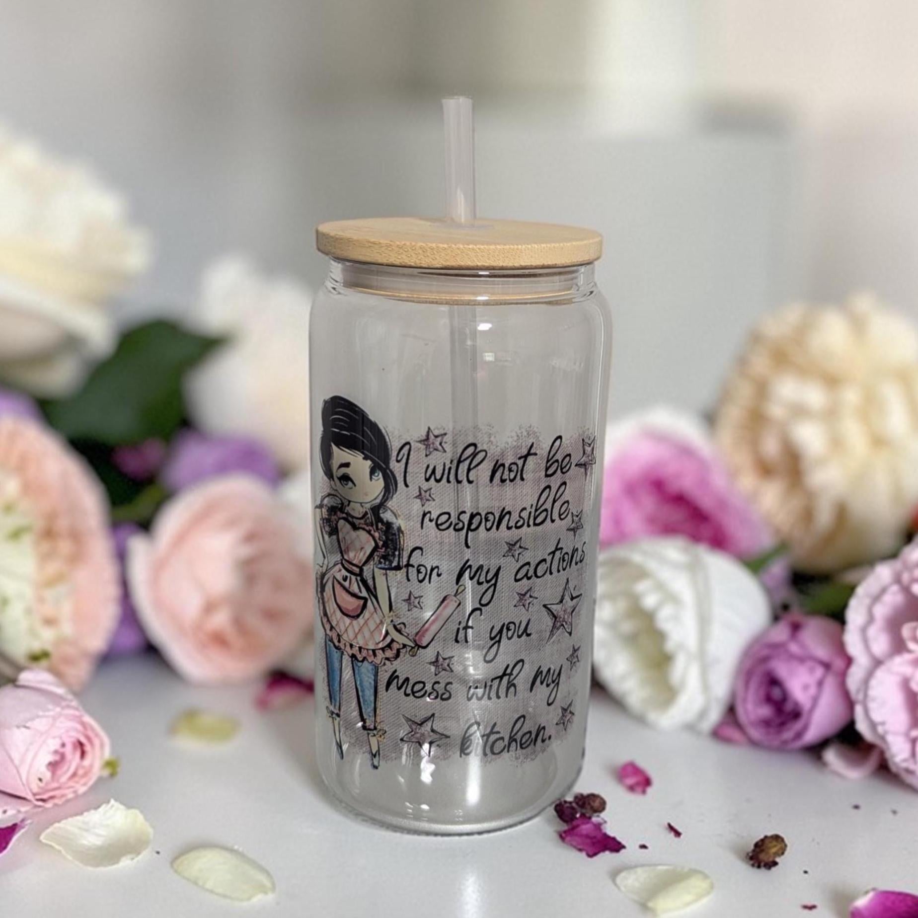 16oz Clear Glass Baking Girl with Bamboo Lid & Reusable Straw