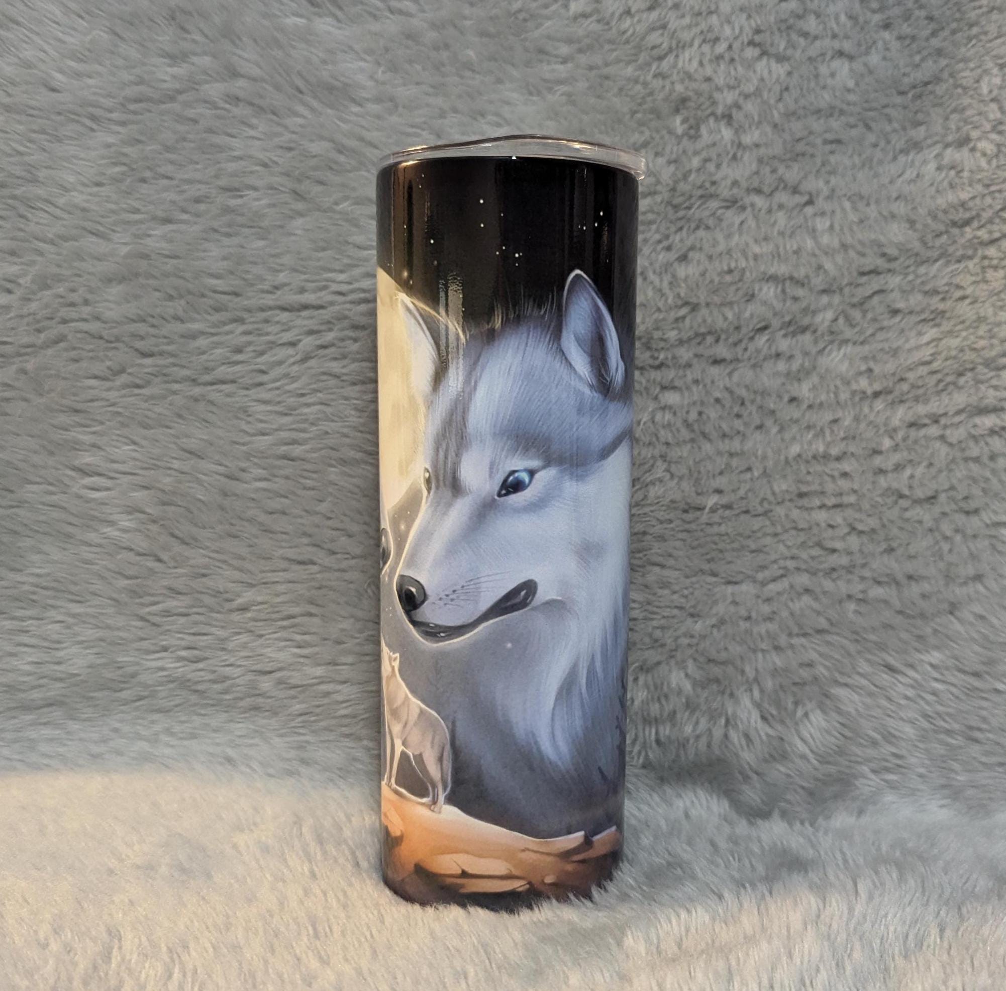Moonlight Wolf Tumbler 20oz With Reusable Straw, Can Be Personalized
