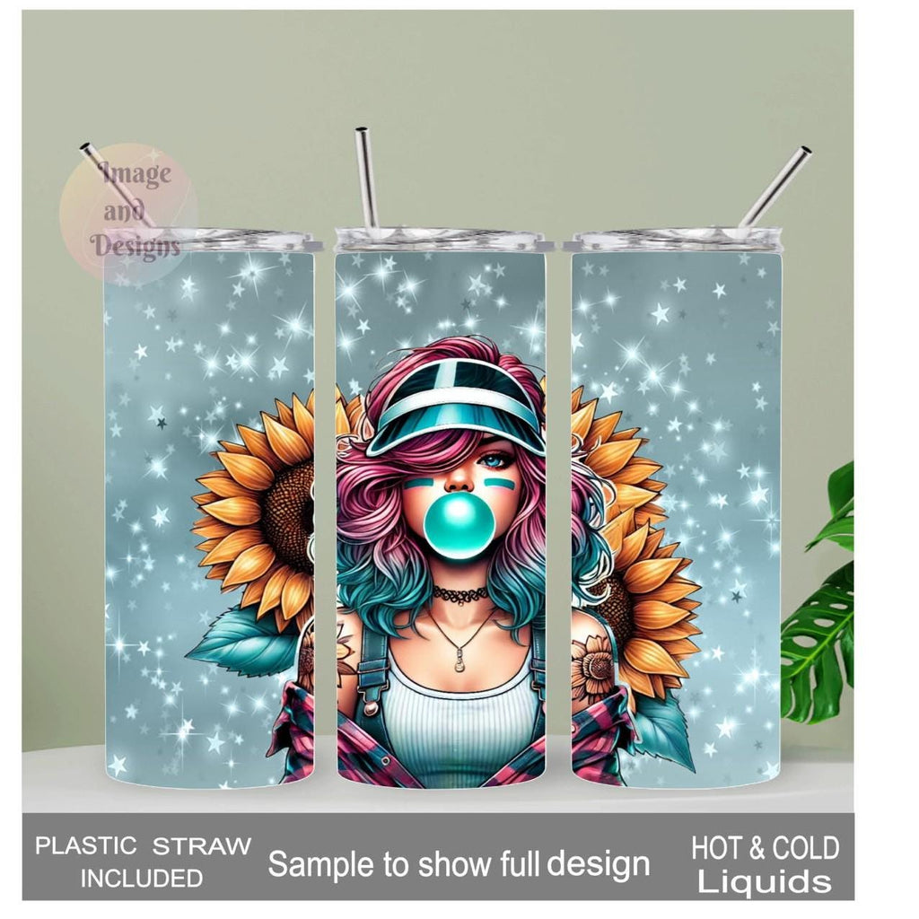 Sunflower Bubble Gum Girl Tumbler 20oz With Reusable Straw, Can Be Personalized