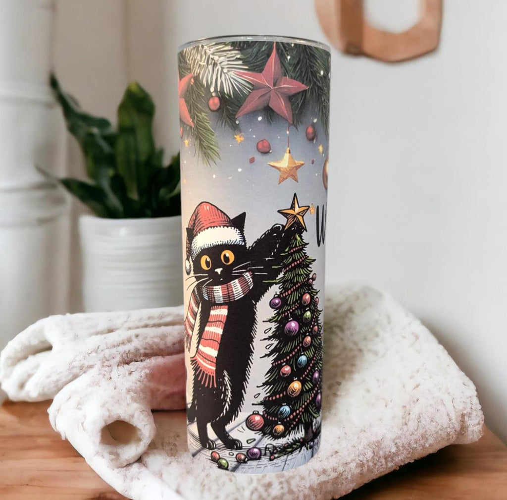 Funny Christmas Cat Tumbler 20oz With Reusable Straw, Can Be Personalized