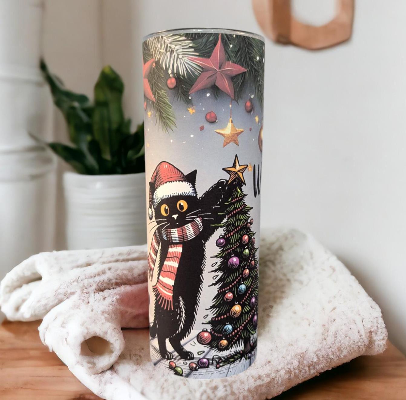 Funny Christmas Cat Tumbler 20oz With Reusable Straw, Can Be Personalized