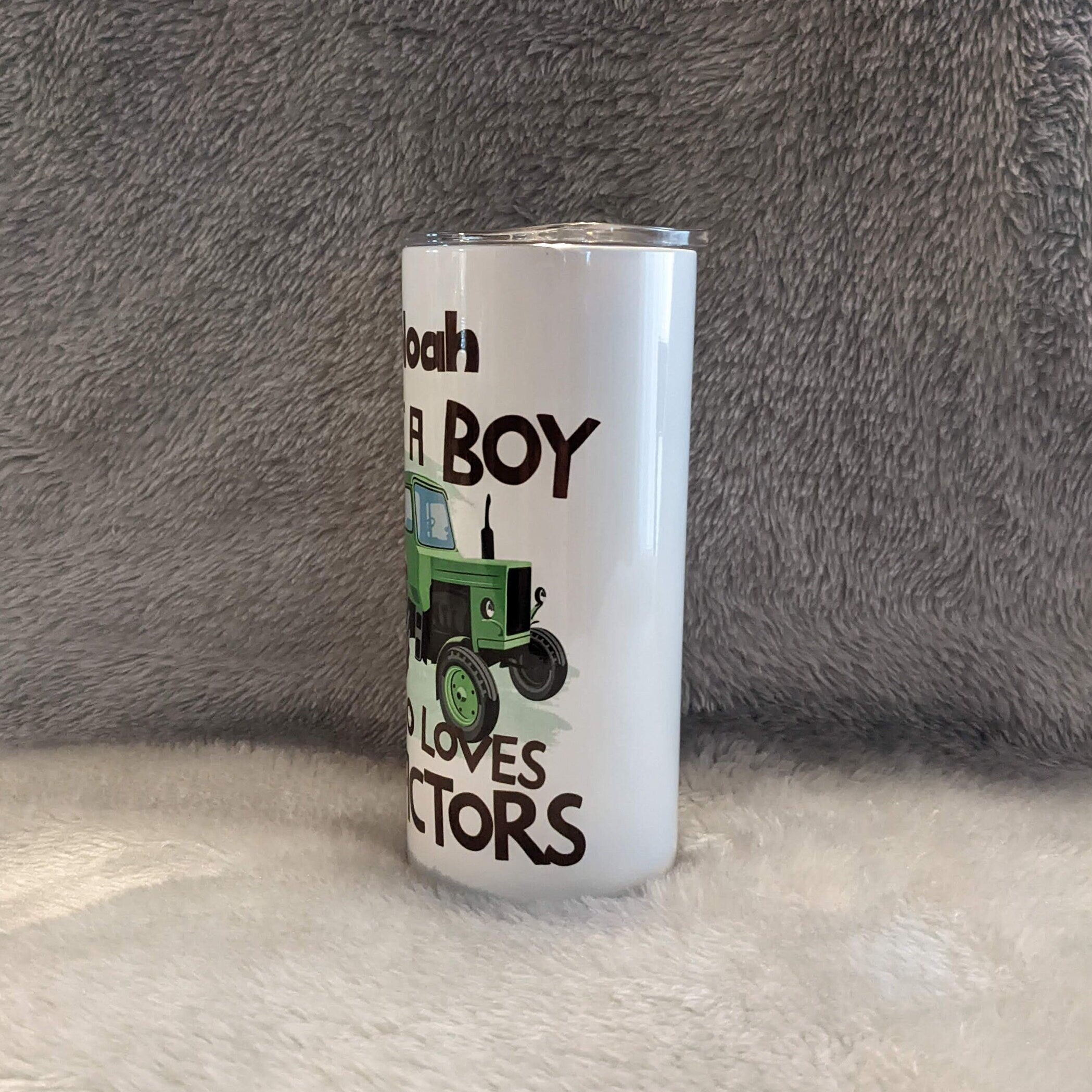 Just A Boy Who Loves Tractors Kids Tumbler 15oz With Reusable Straw, Can Be Personalized