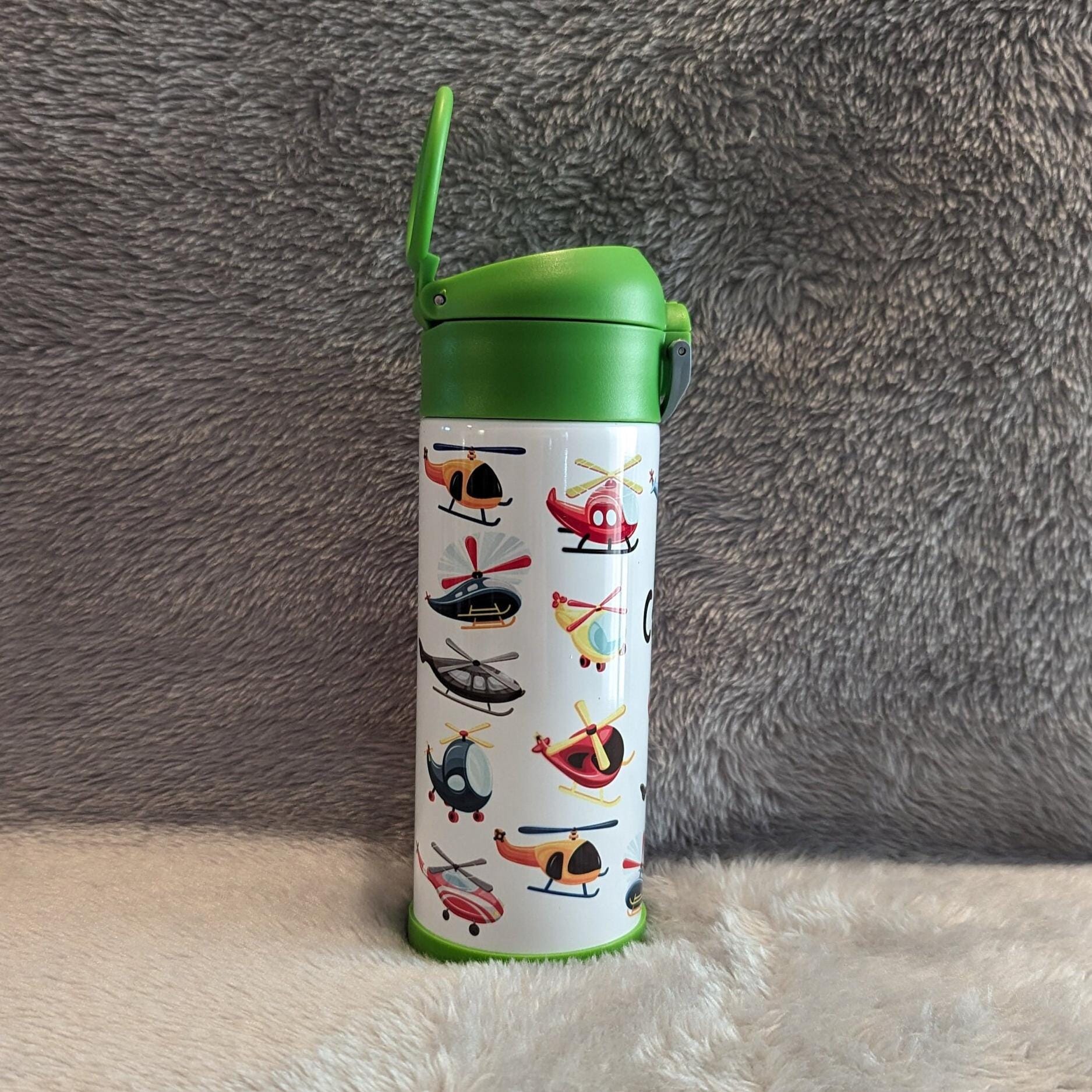 Kids Helicopter Water Bottle 12oz With Reusable Straw, Can Be Personalized