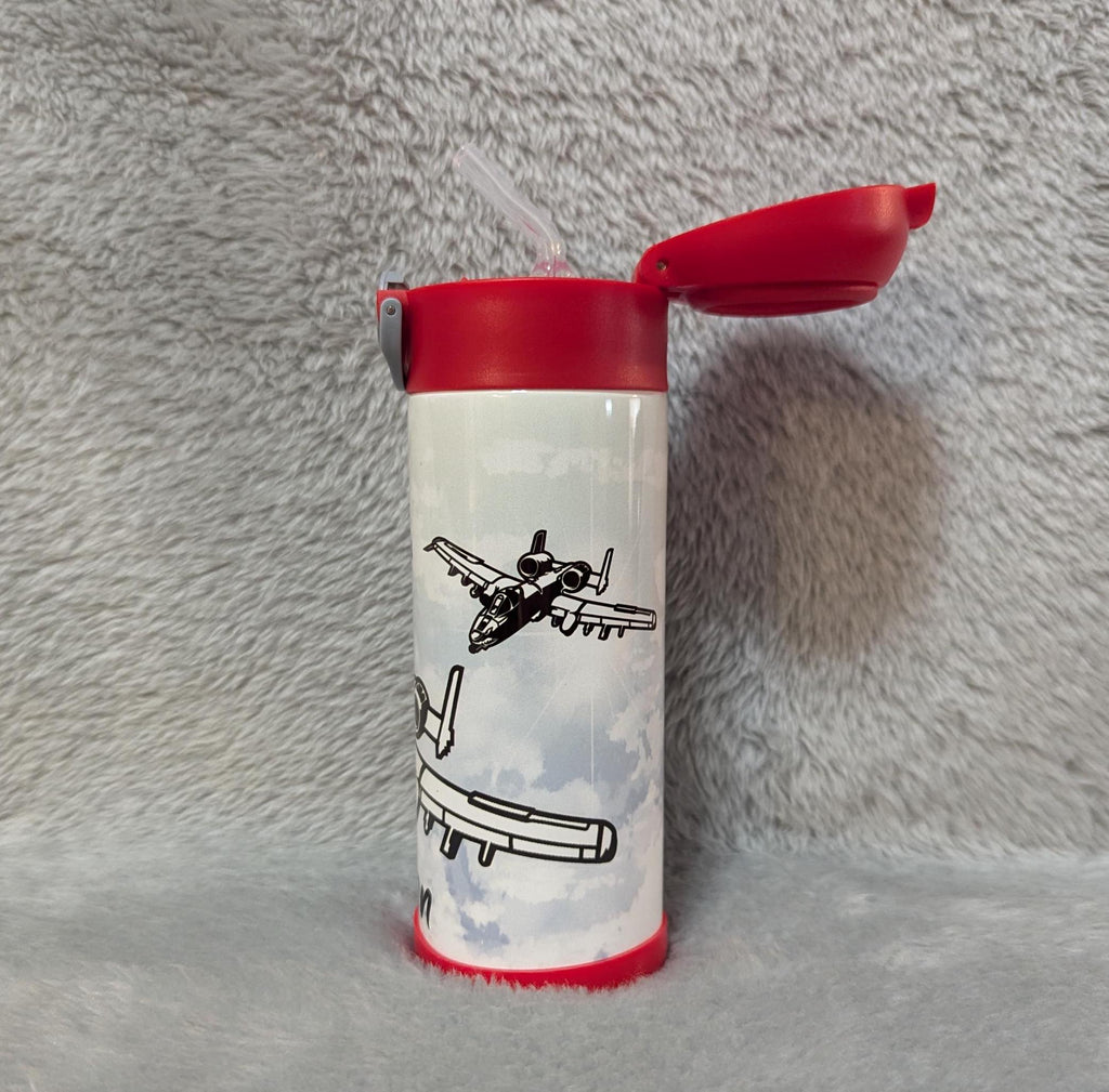Kids A -10 Airplane Water Bottle 12oz With Reusable Straw Can Be Personalized