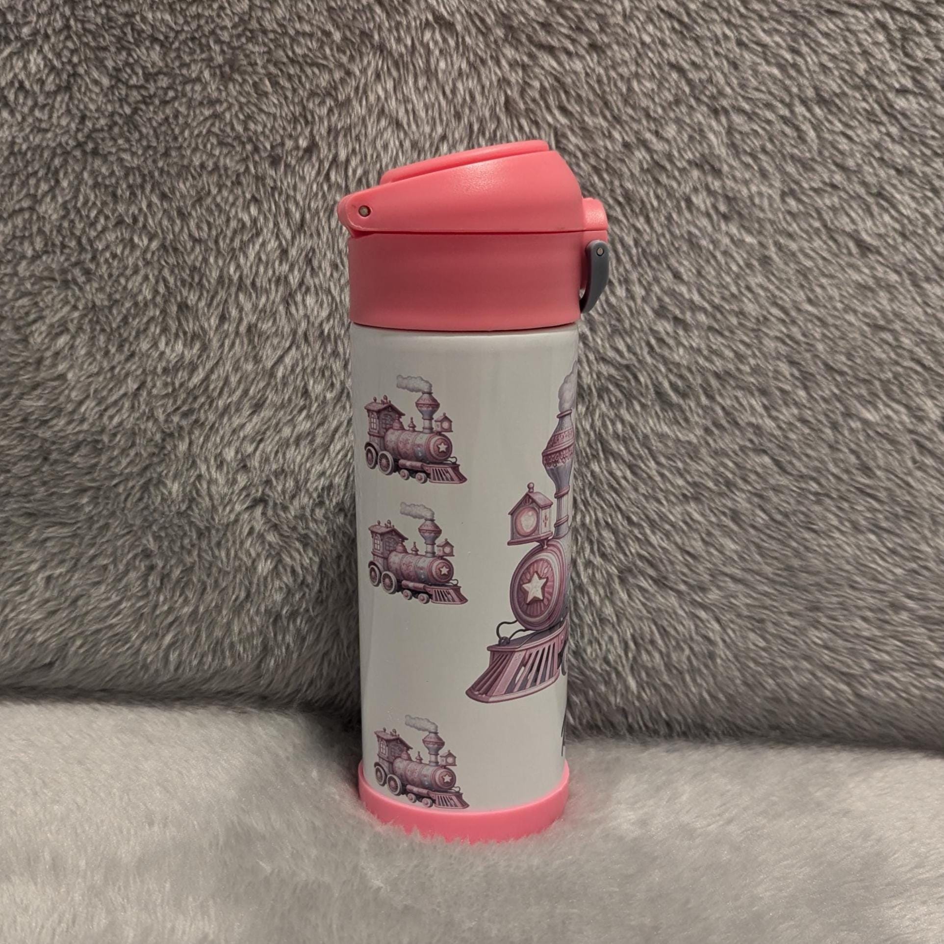 Kids Pink Train Water Bottle 12oz With Reusable Straw Can Be Personalized