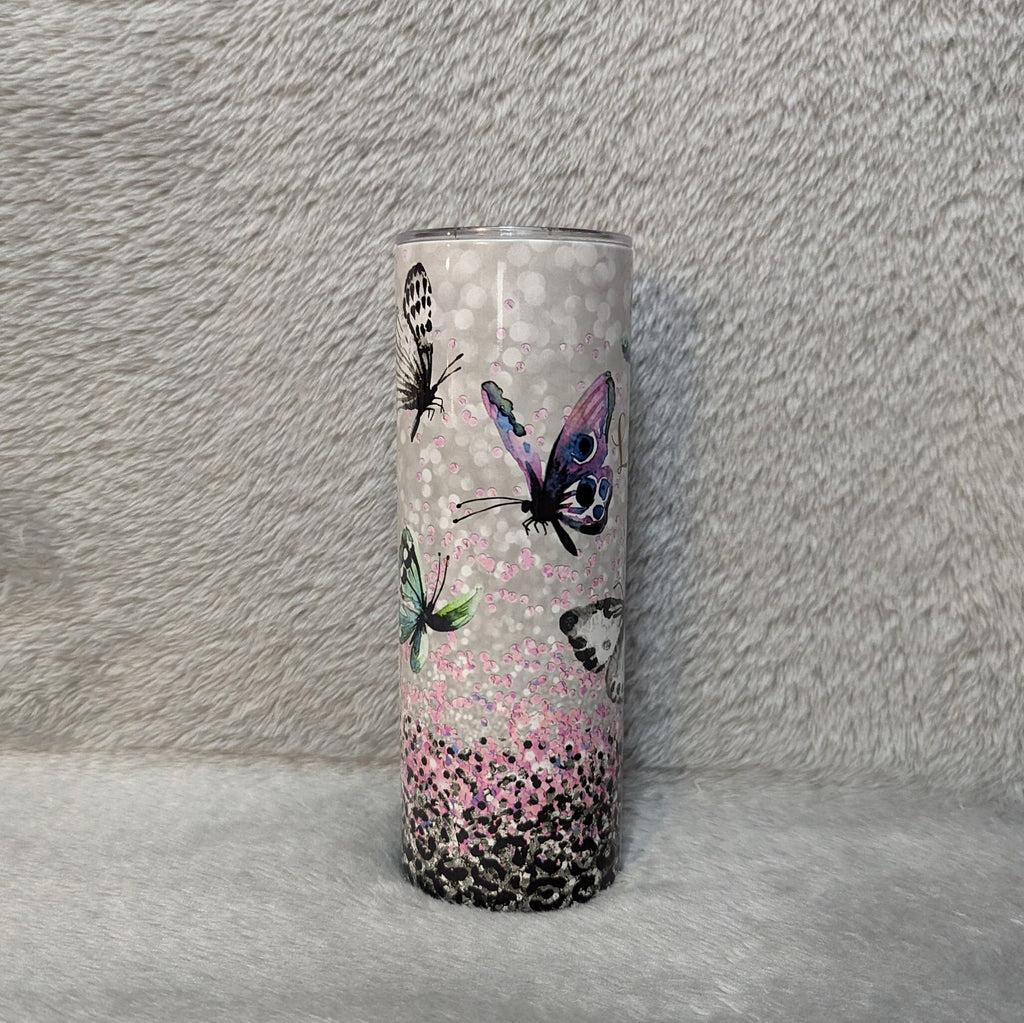 Pretty Butterfly Tumbler With A Glitter Design 20oz With Reusable Straw, Can Be Personalized