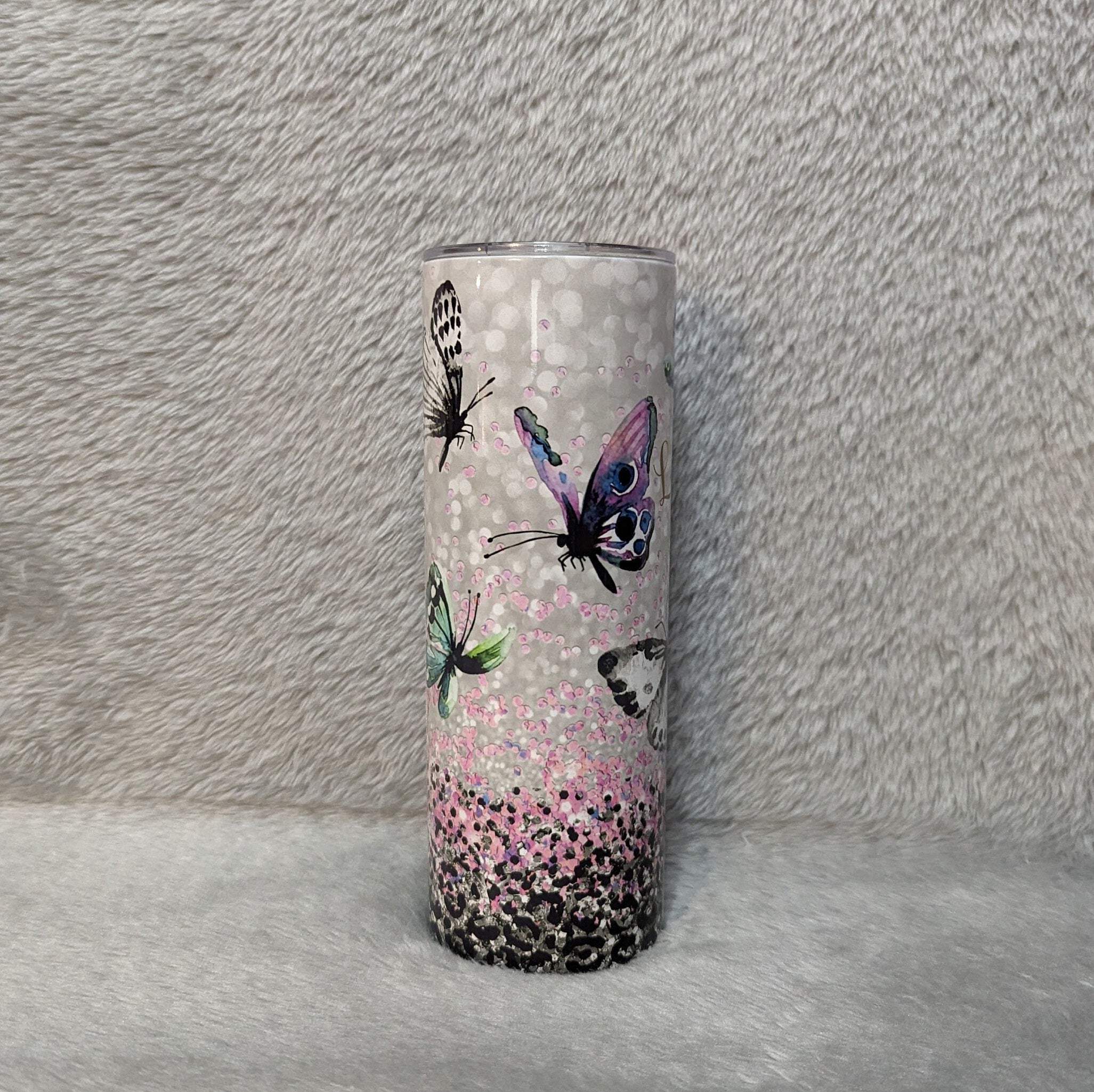 Pretty Butterfly Tumbler With A Glitter Design 20oz With Reusable Straw, Can Be Personalized