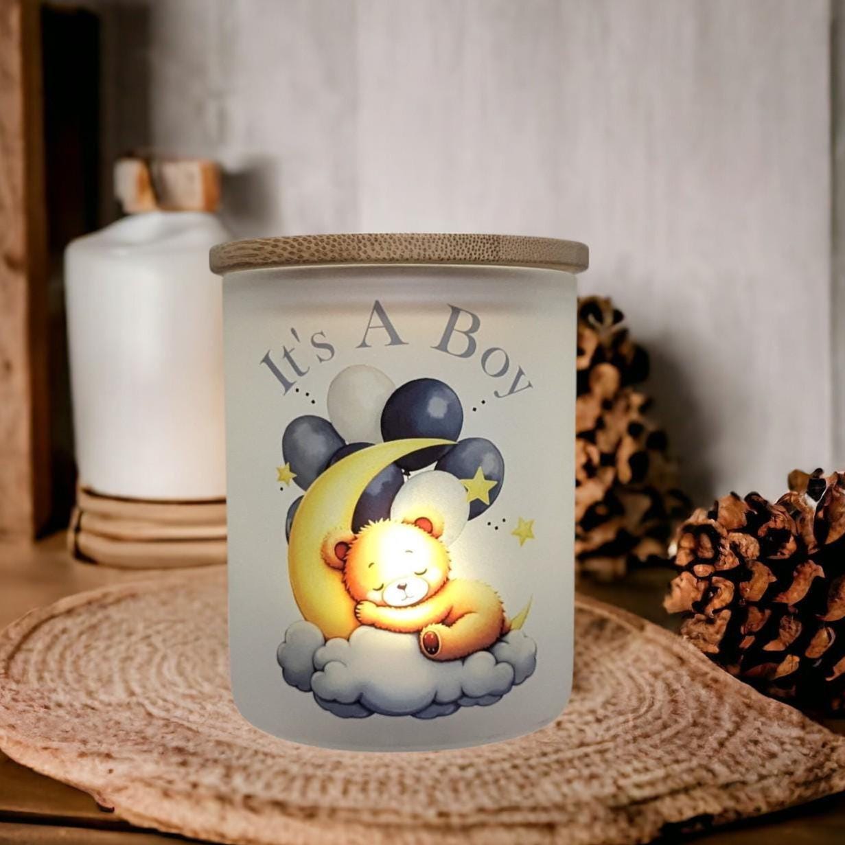It's A Boy Candle Holder With A Battery Operated Flickering Tea Light
