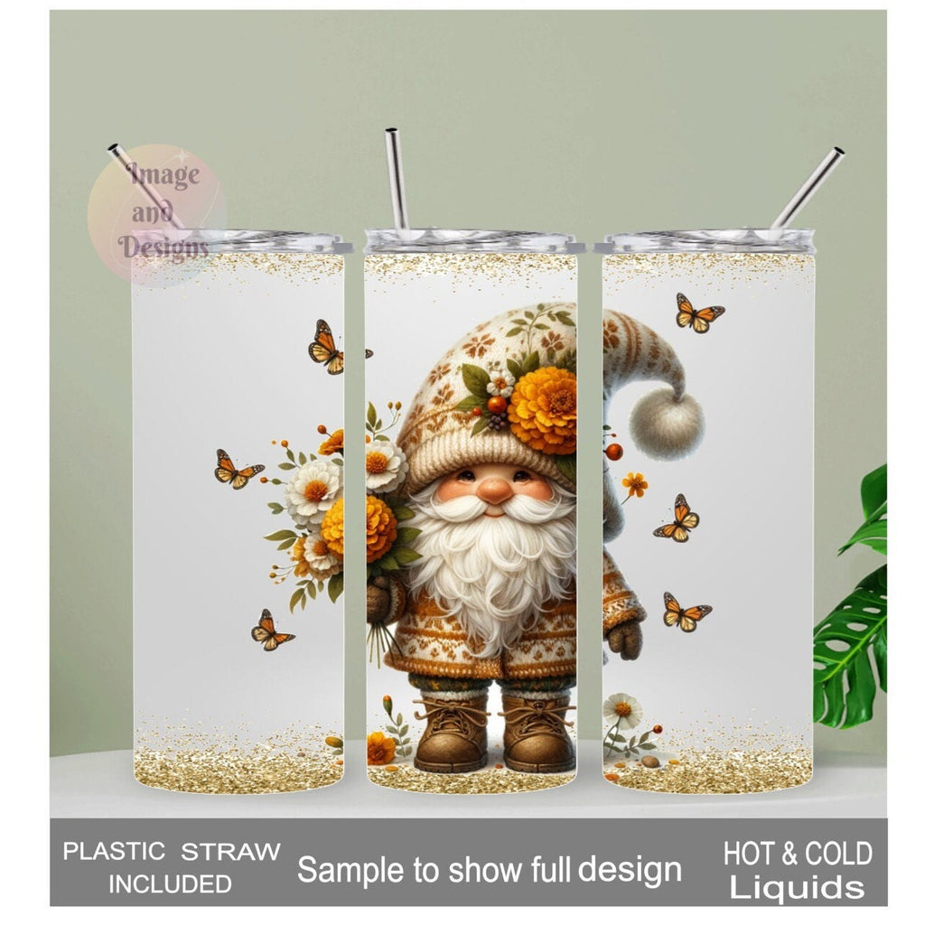 Gnome Tumbler With A Cute Gnome and A Glitter Design 20oz With Reusable Straw, Can Be Personalized