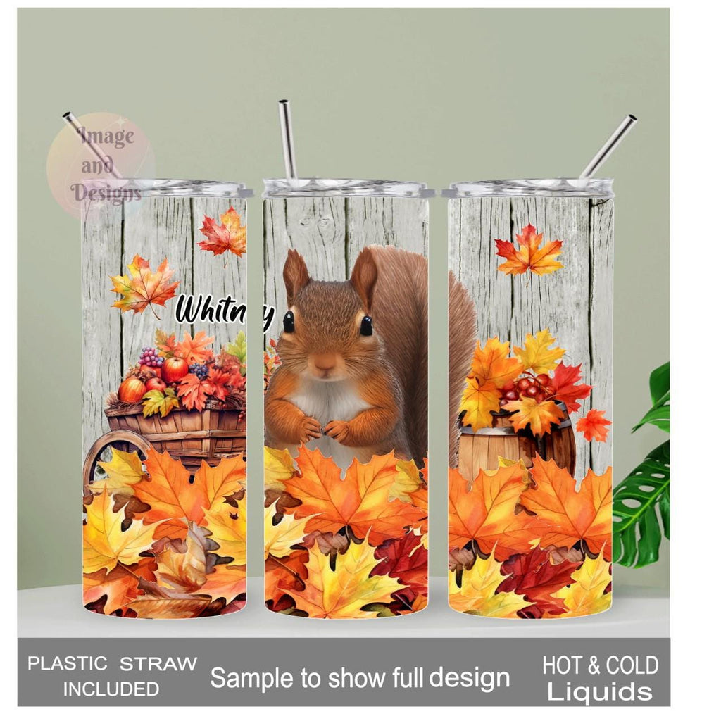 Squirrel Tumbler with Autumn Leaves 20oz With Reusable Straw, Can Be Personalized