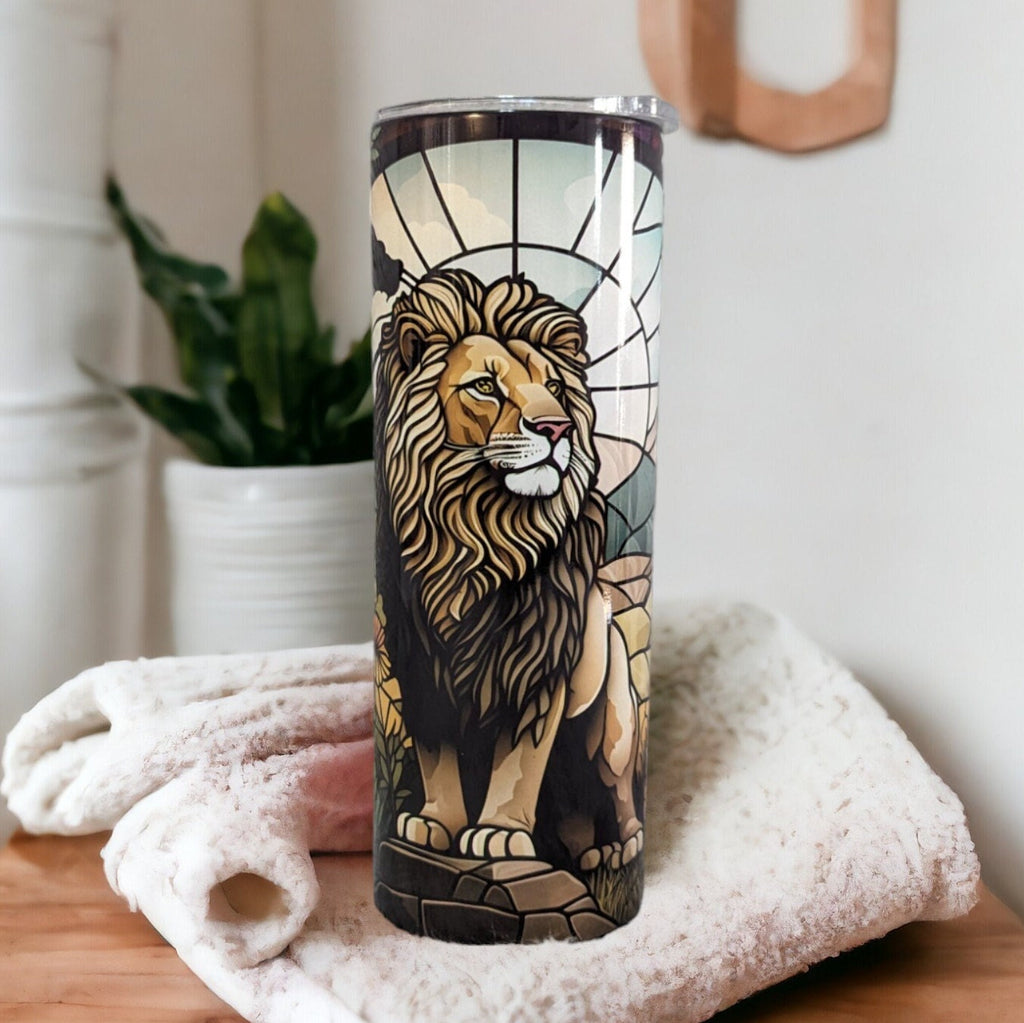 Lion Tumbler With A Stained Glass Design 20oz With Reusable Straw, Can Be Personalized
