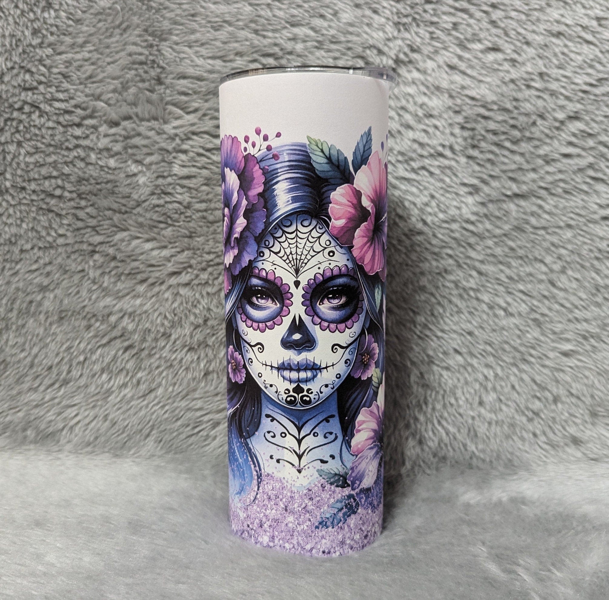 La Catrina Girl Tumbler With A Purple Glitter Design 20oz With Reusable Straw, Can Be Personalized