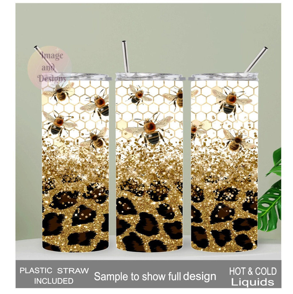 Bee Tumbler With A Glitter and Leopard Print Design 20oz Tumber With Reusable Straw, Can Be Personalized