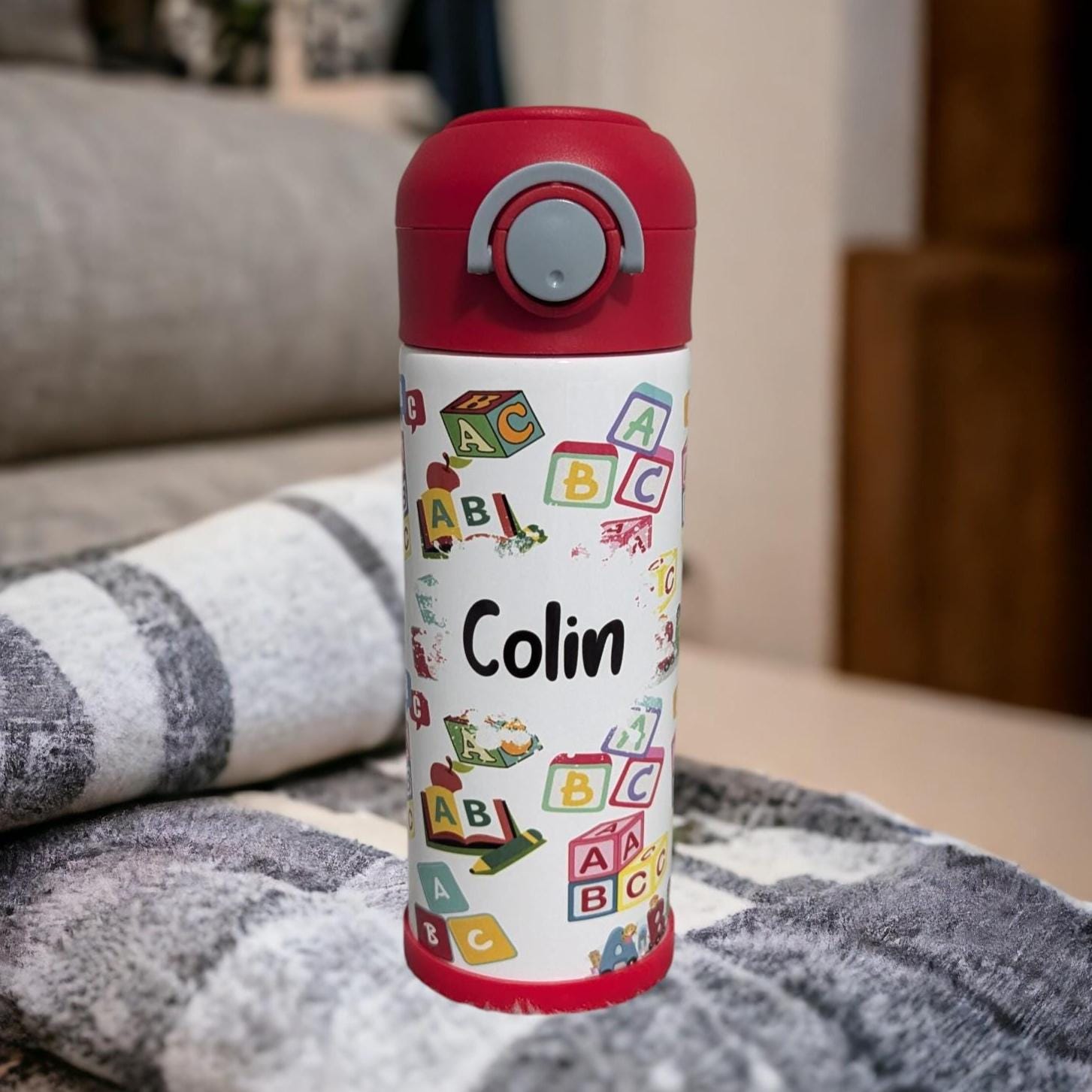 Kids Alphabet Water Bottle 12oz With Reusable Straw Can Be Personalized