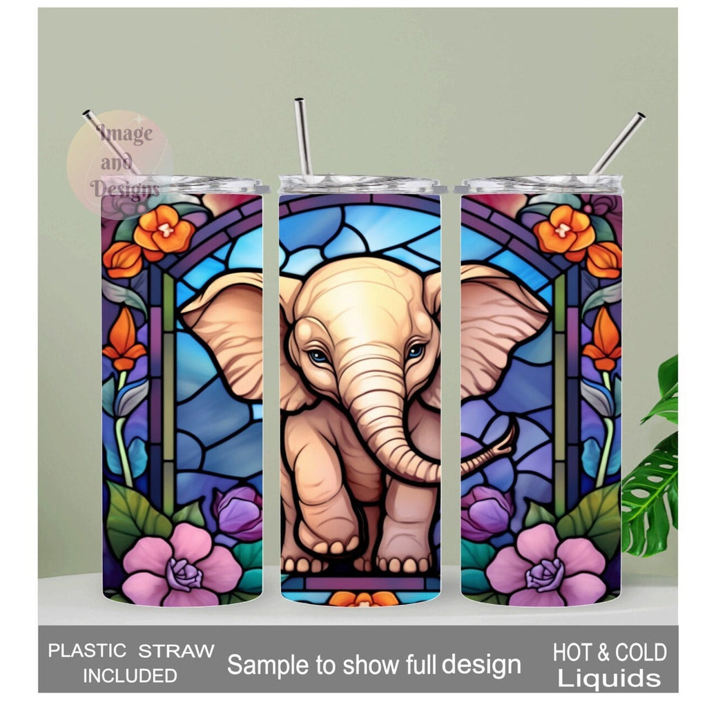 Elephant Tumbler with Stained Glass Design 20oz With Reusable Straw, Can Be Personalized