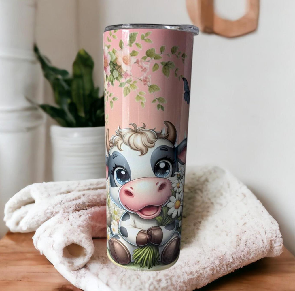 Cow with Daisies Tumbler 20oz With Reusable Straw, Can Be Personalized