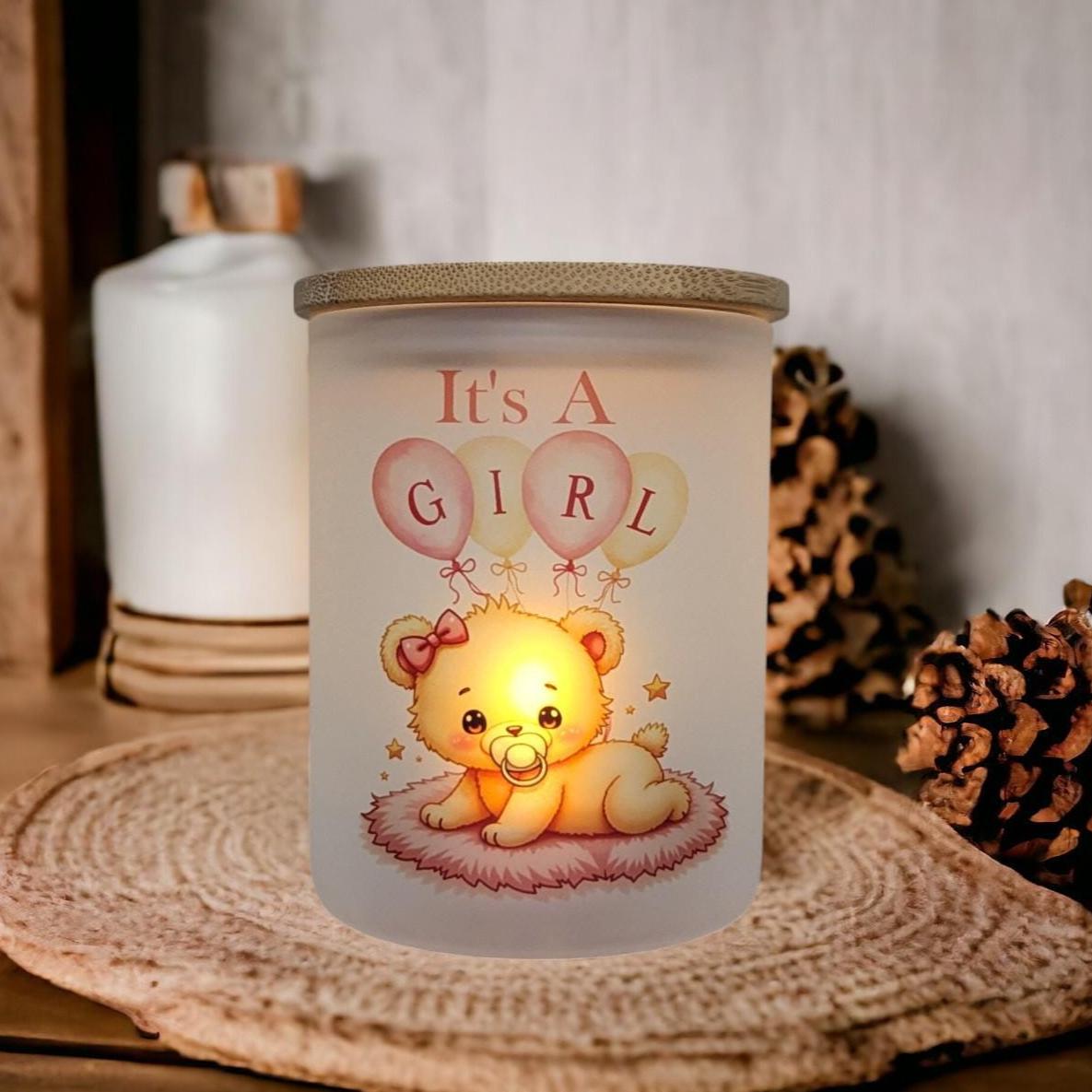 It's A Girl Candle Holder With A Battery Operated Flickering Tea Light